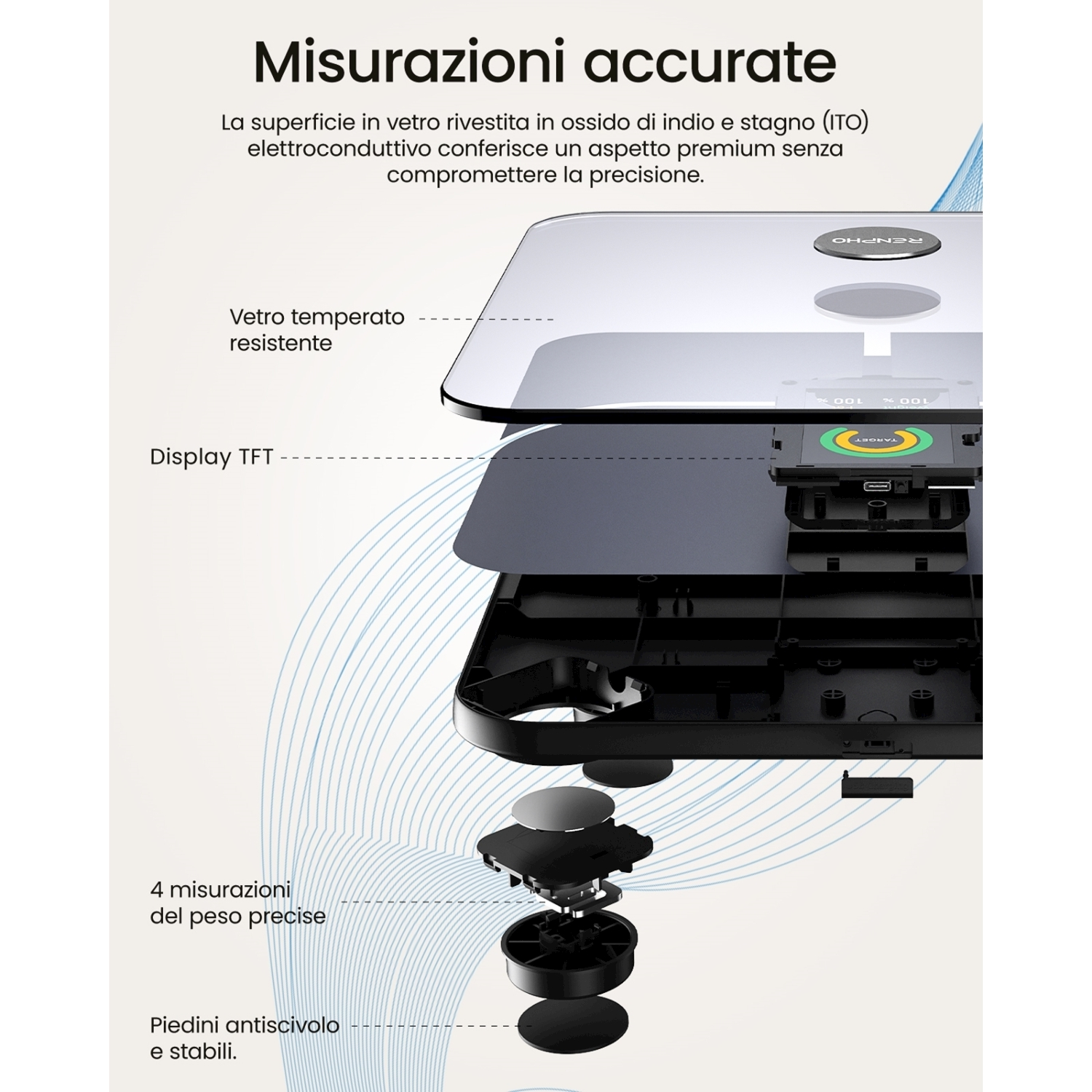 Diagramma esploso di una bilancia digitale con strati, componenti ed etichette in italiano. La parte superiore della bilancia è in vetro.