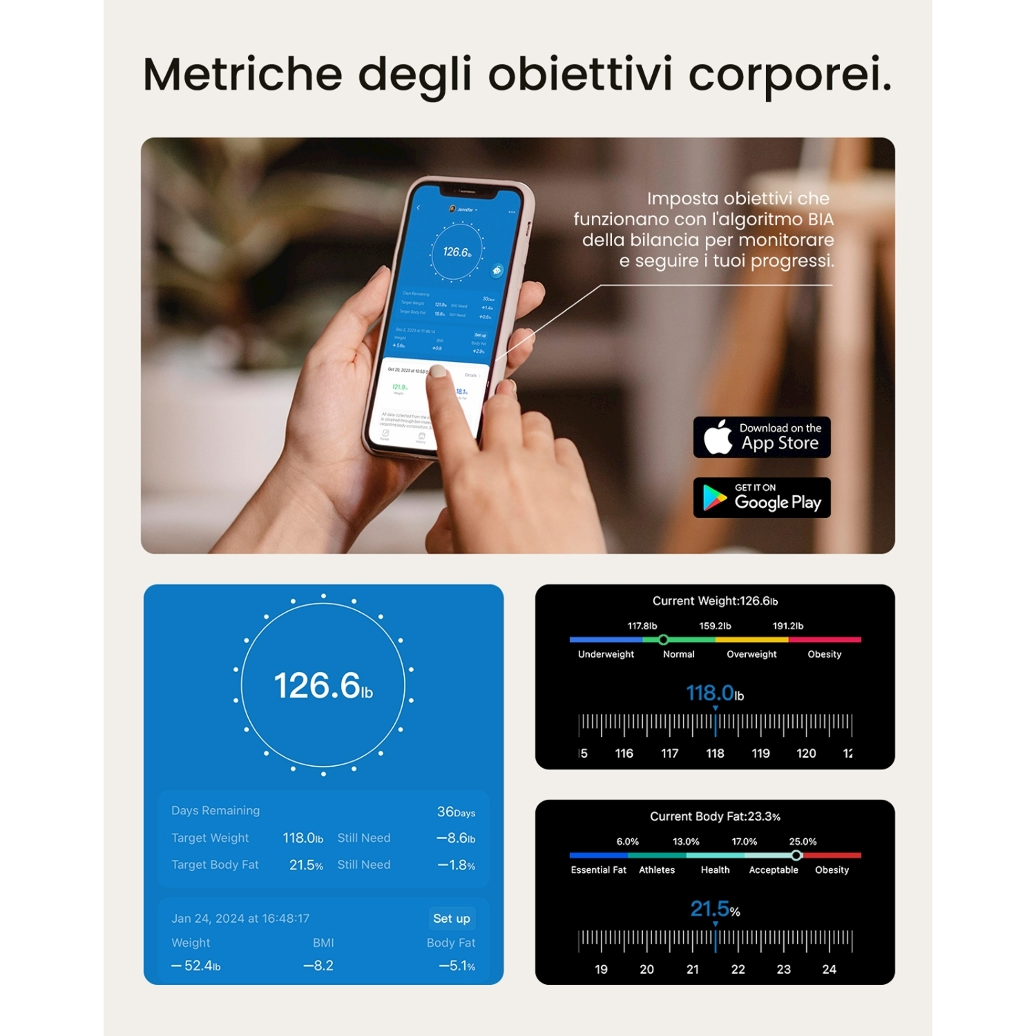 Una persona tiene in mano un telefono che mostra dati sanitari. Lo schermo mostra peso e percentuali di grasso corporeo, con opzioni di download dall'App Store.