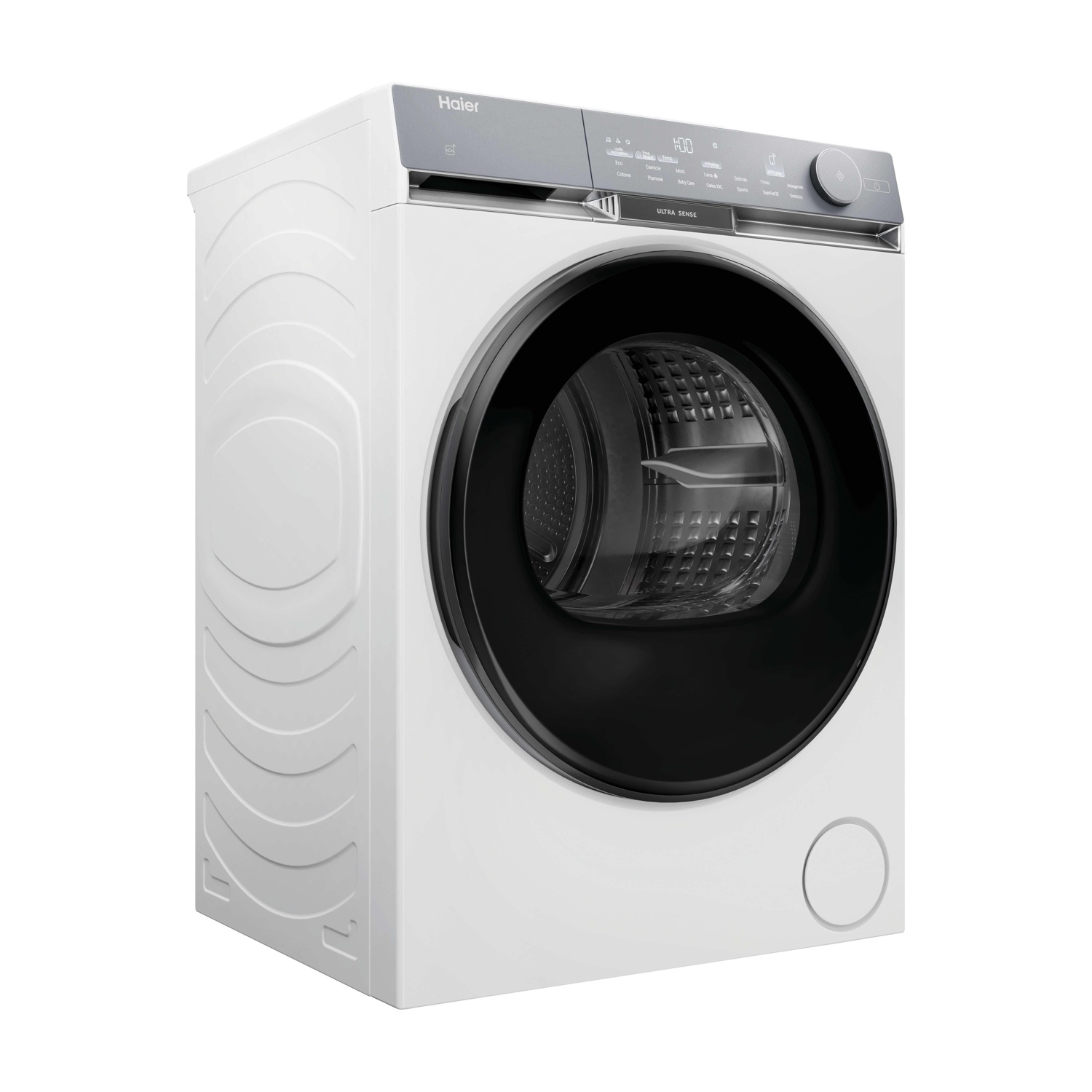 Lavatrice Haier bianca con porta nera e pannello superiore grigio. Ha un display digitale e varie opzioni di programma.