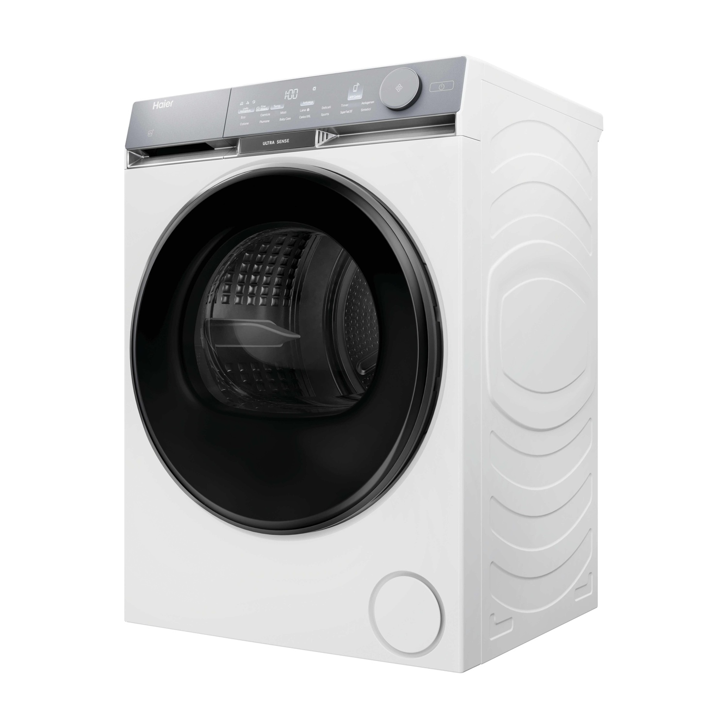 Una lavatrice Haier bianca con porta nera. Ha un pannello di controllo grigio con display. La macchina è su sfondo bianco.