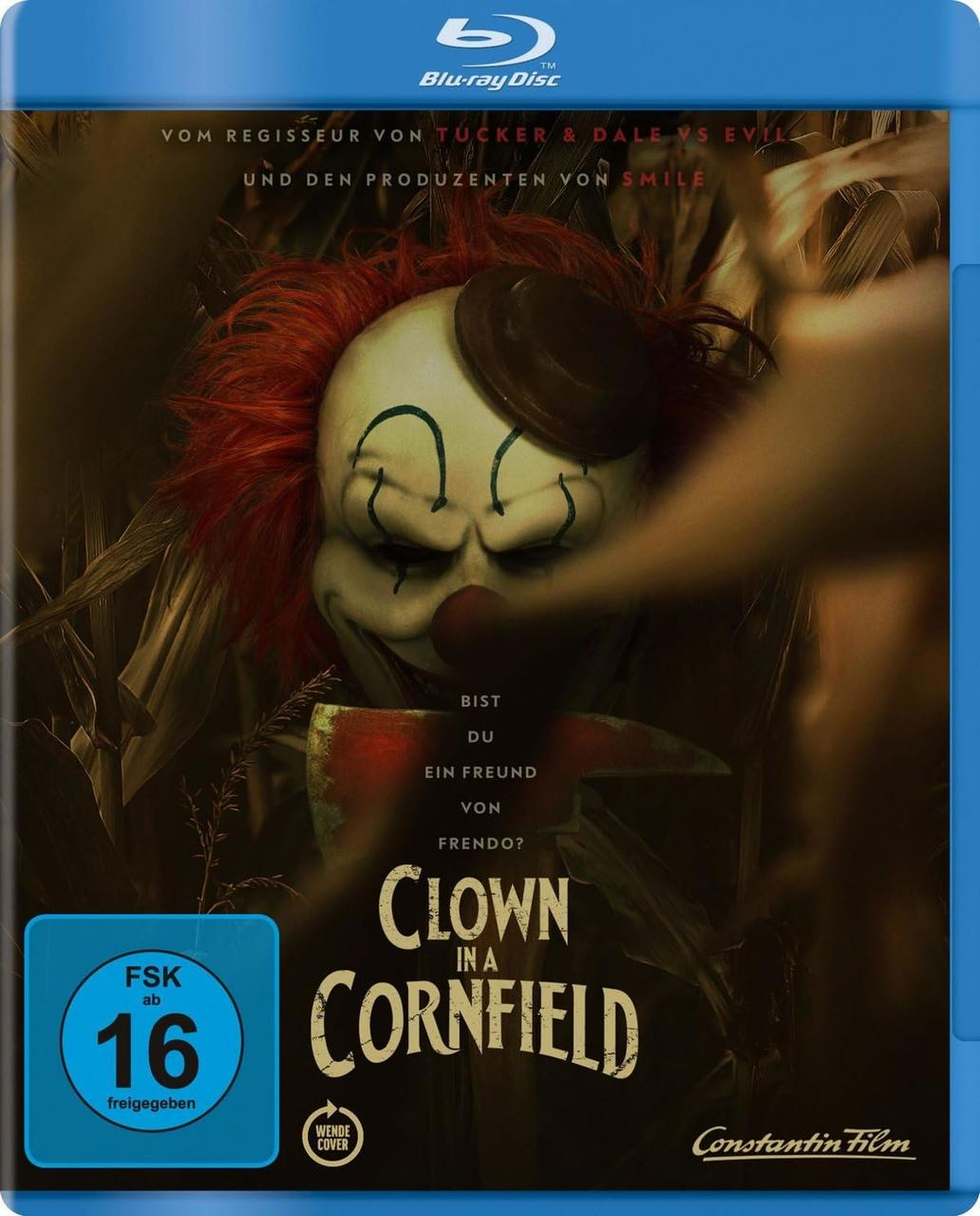 Blu-ray-Cover: Ein gruseliger Clown mit einer Axt in einem Maisfeld. Titel: Clown in einem Maisfeld. Bewertung: FSK ab 16.