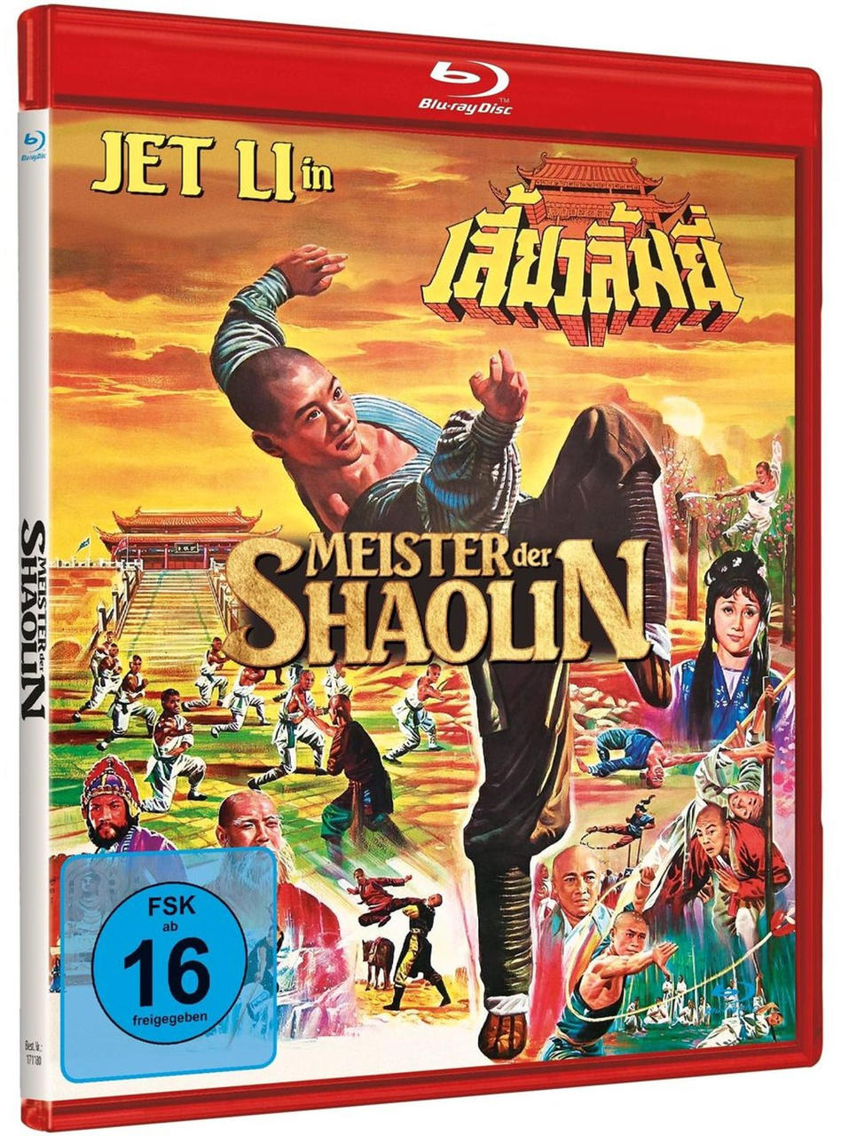 Filmposter mit Jet Li, Shaolin-Mönchen und chinesischen Schriftzeichen auf einer roten und weißen Blu-ray-Hülle.