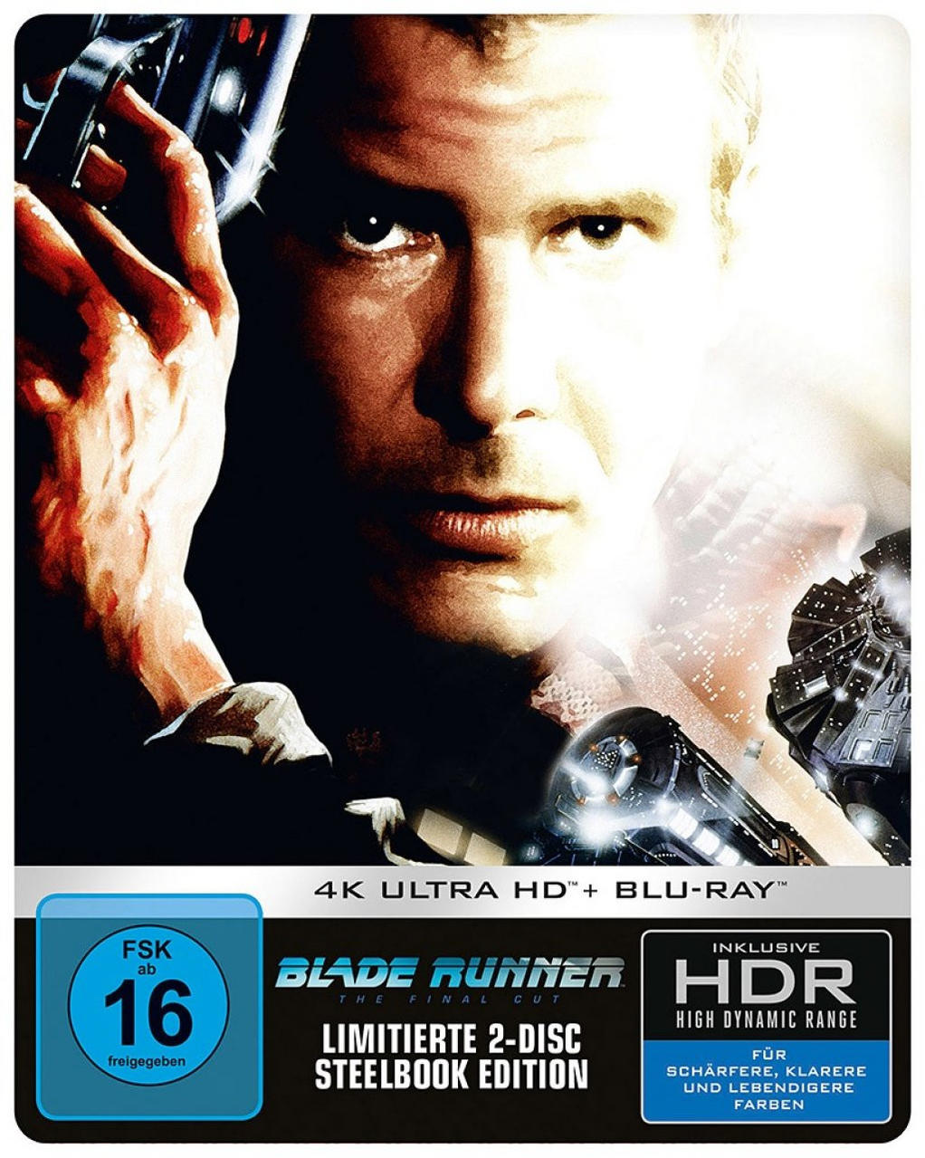 Blade Runner Filmcover. Harrison Fords Gesicht, der eine Waffe hält. Blu-ray-Details und Altersfreigabe unten.