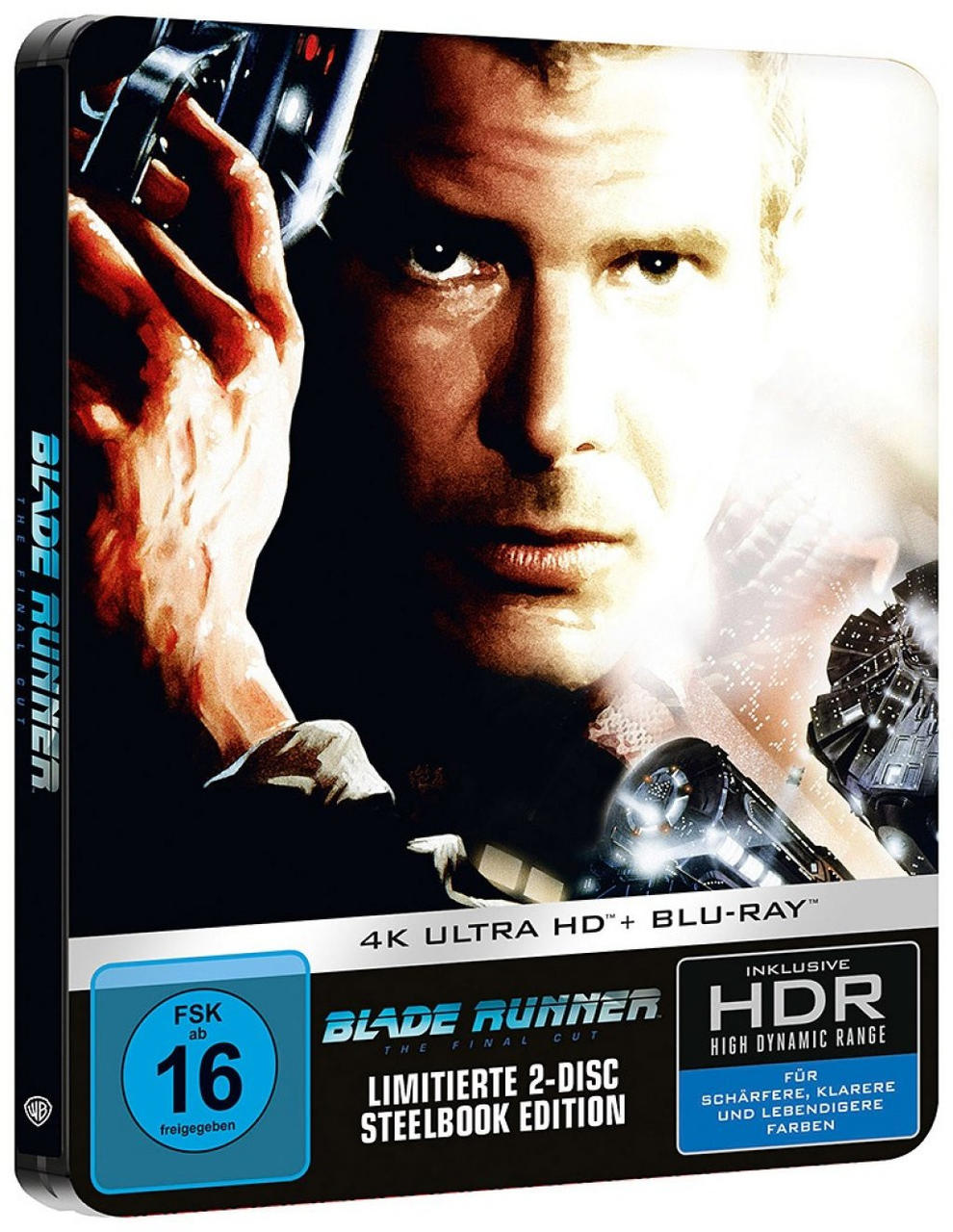 Blade Runner Blu-ray-Cover: Harrison Fords Gesicht, dunkler Hintergrund, futuristische Stadt, HDR-Logo und deutsche Bewertung.