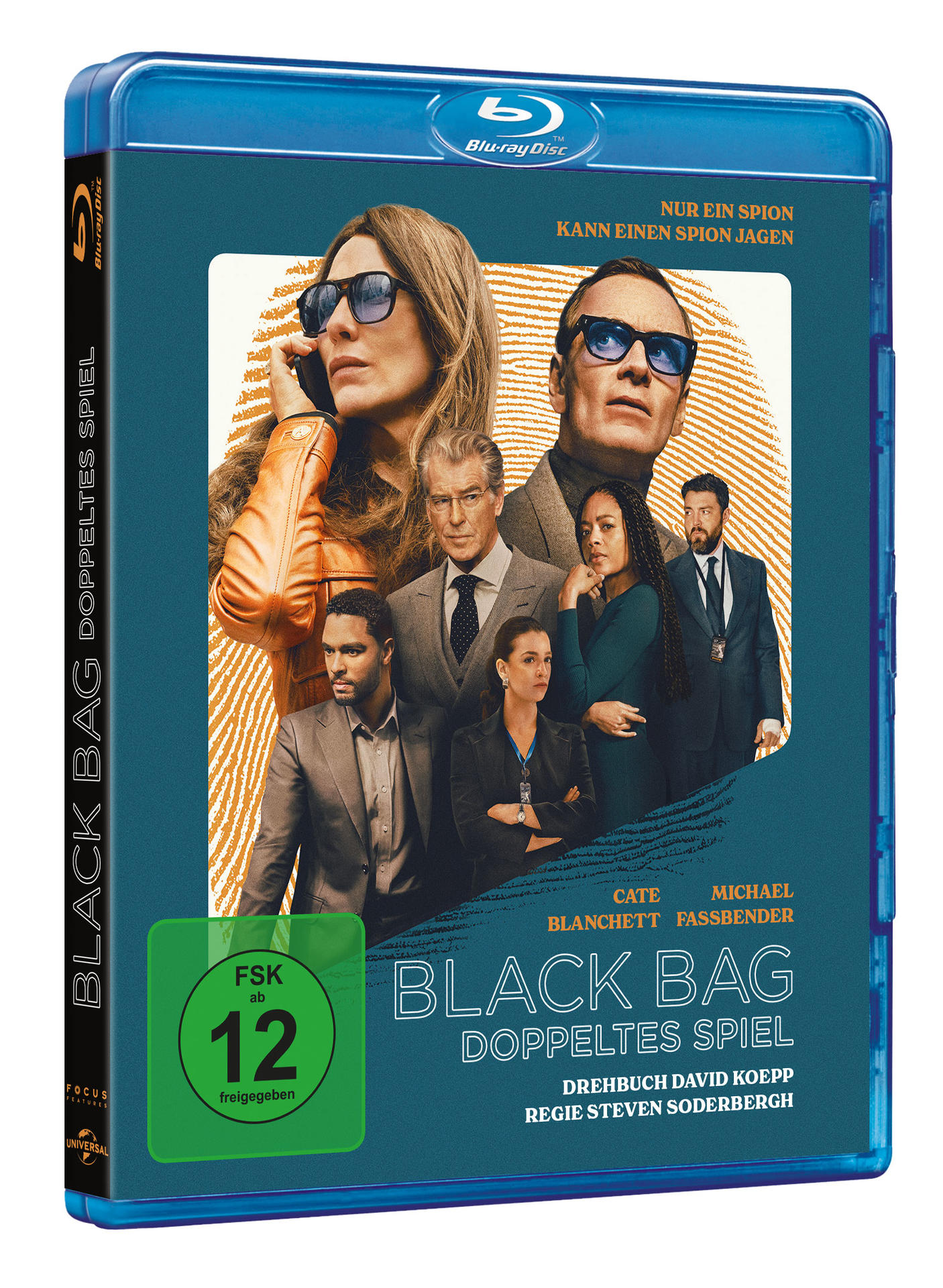 Filmcover von Black Bag. Schauspieler stehen im Zentrum. Blu-ray-Disc-Hülle, teal Hintergrund. Deutscher Text sichtbar.