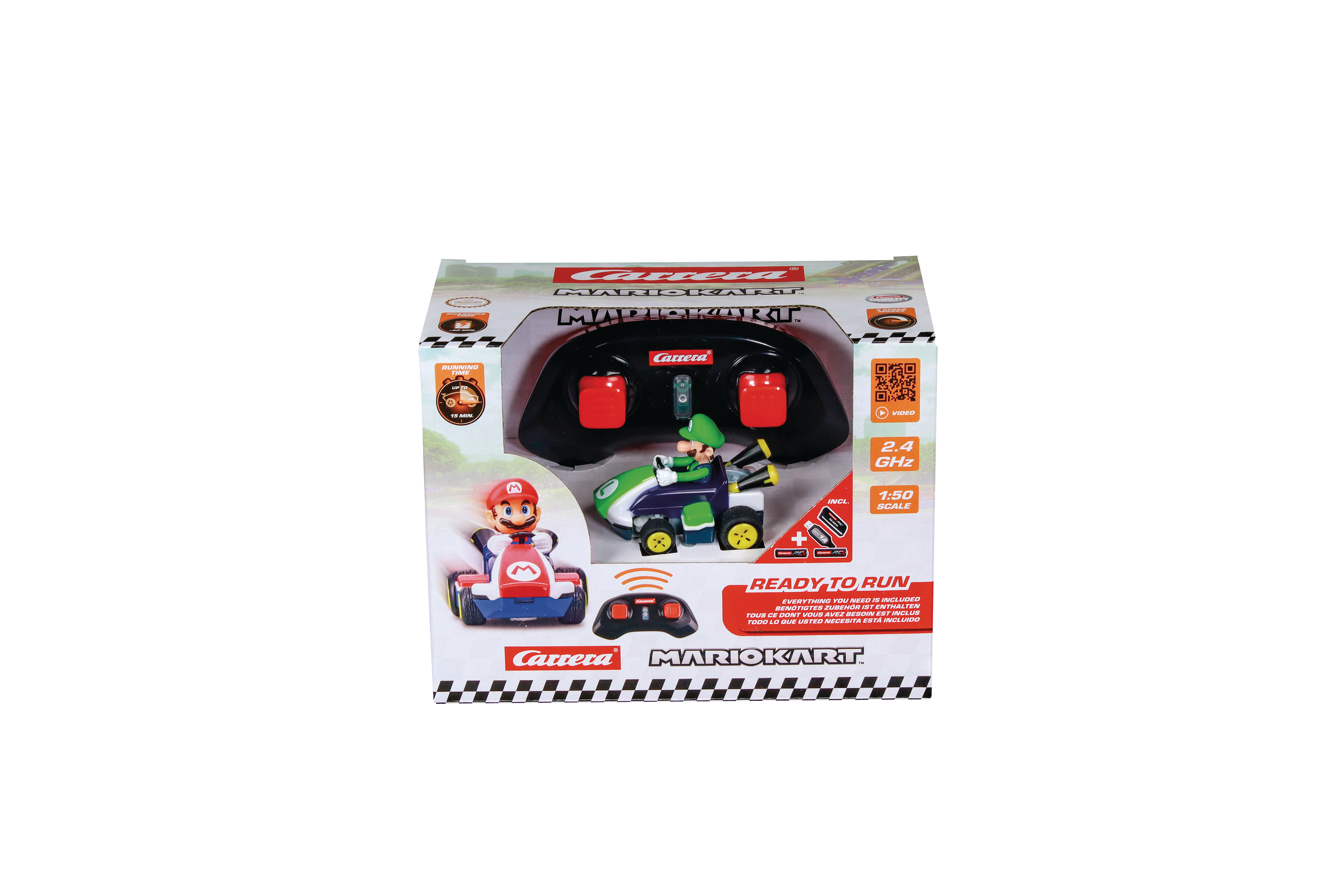 Verpacktes Mario Kart Spielzeugset. Enthält eine Fernbedienung und ein kleines Auto mit Mario. Die Box hat Text und Grafiken.