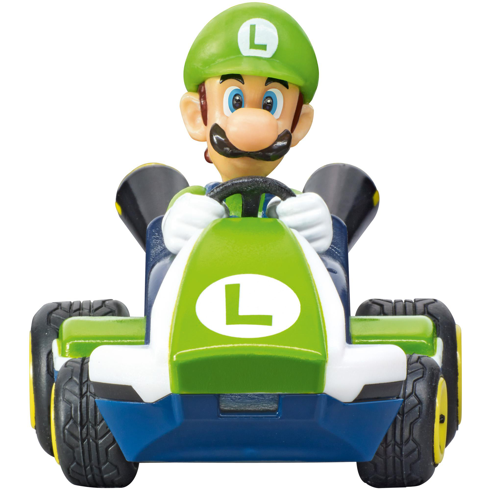 Luigi-Figur in grünem Hut und Kart. Das Kart ist grün, weiß und blau. Ein weißes 'L' befindet sich auf dem Kart.
