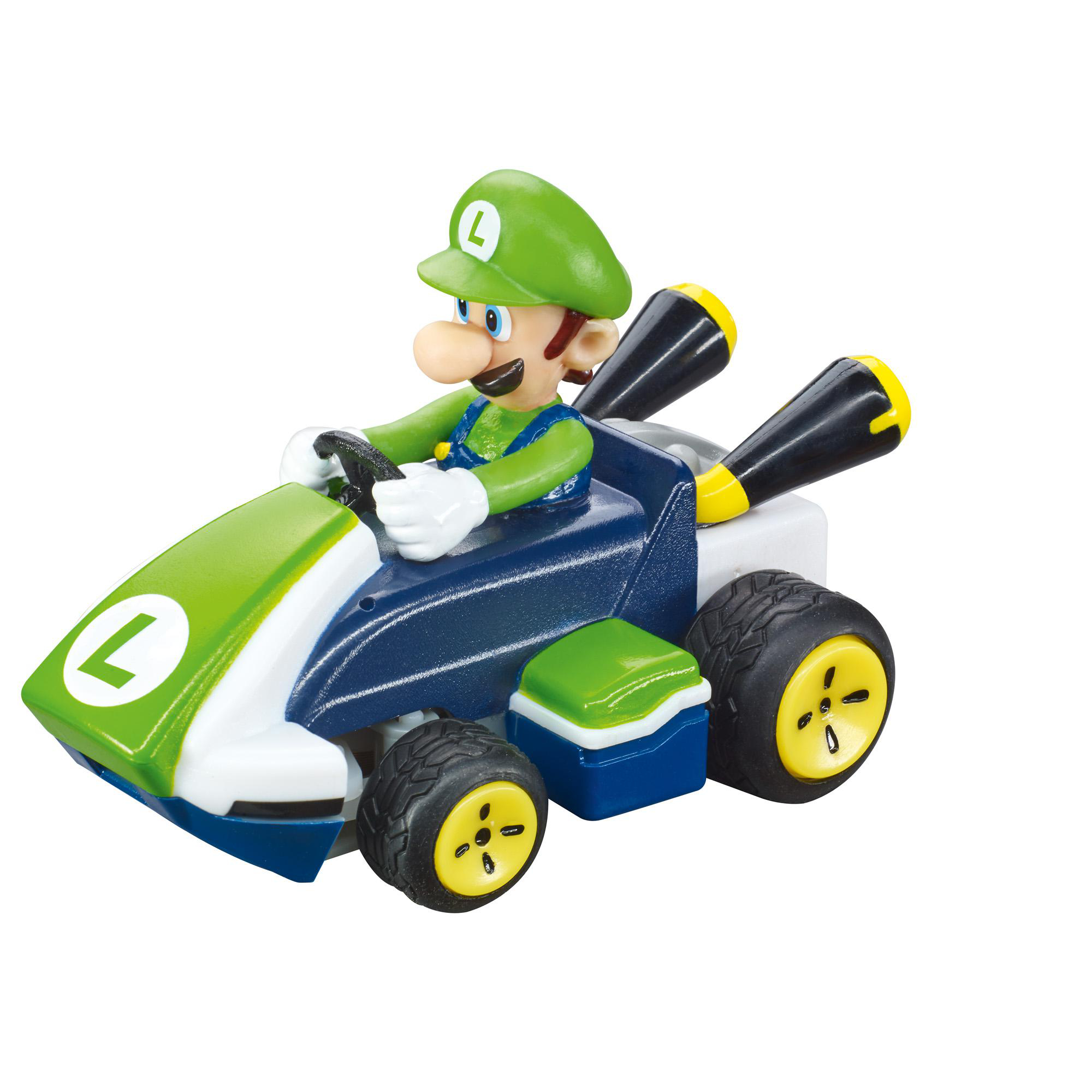 Ein Spielzeug von Luigi in einem Kart mit grün-weißem Körper, blauem Sitz und schwarzen Reifen. Luigi trägt einen grünen Hut.