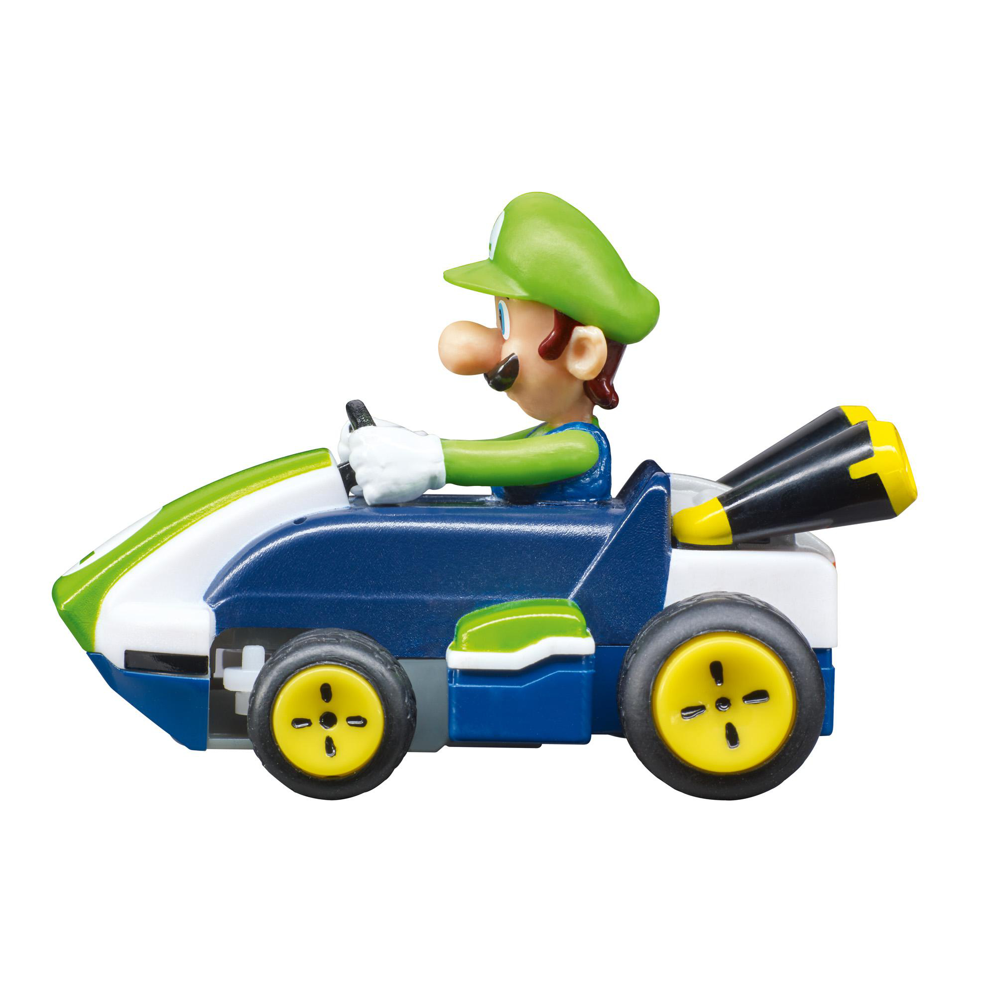 Ein Spielzeugauto mit Luigi am Steuer. Es ist blau, grün und weiß mit gelben Rädern. Luigi hat eine grüne Mütze und eine große Nase.