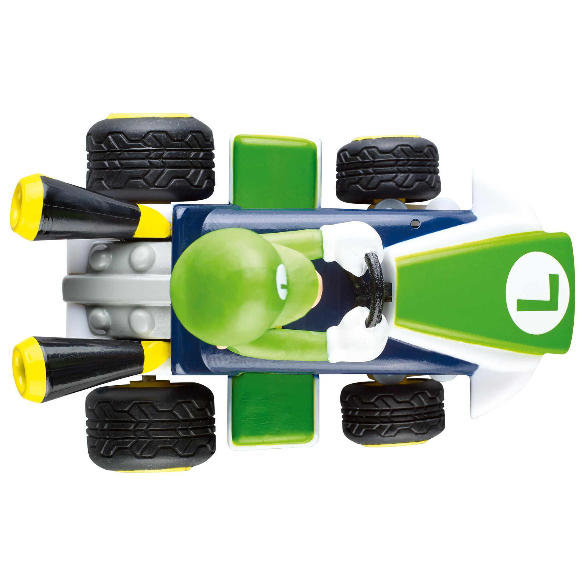 Ein Spielzeug-Rennwagen, Luigis Kart, von oben gesehen. Er ist grün, blau und weiß mit schwarzen Reifen und Luigi am Steuer.