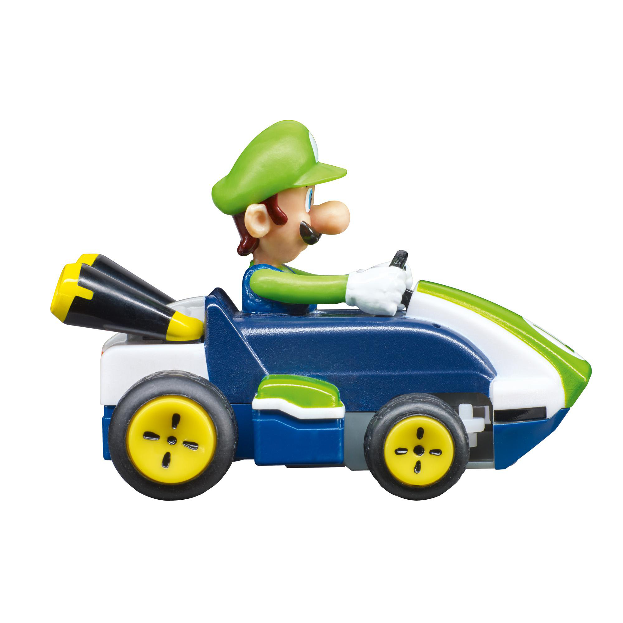 Ein Spielzeugauto mit Luigi am Steuer. Das Auto ist blau, weiß und grün, mit gelben Rädern. Luigi trägt einen grünen Hut.
