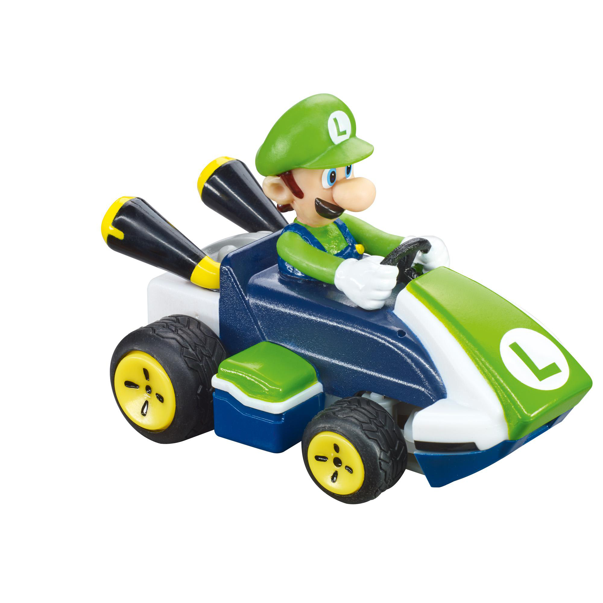 Luigi in einem grünen Kart. Das Kart hat eine grüne Front mit weißem Rand. Die Räder sind schwarz mit gelben Zentren.