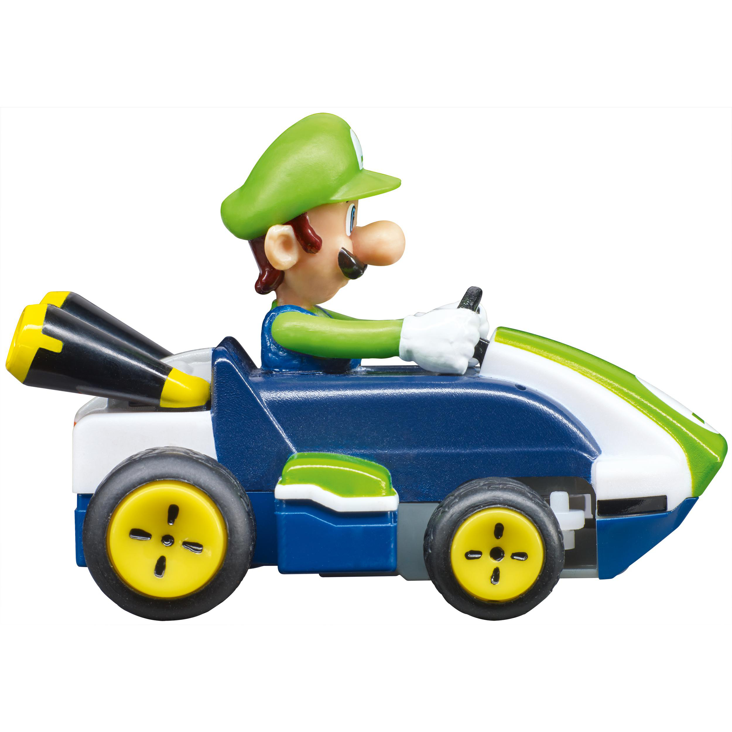 Luigi-Figur in einem blau, weiß und grün Rennwagen mit gelben Rädern. Luigi trägt eine grüne Mütze und blaue Latzhose.