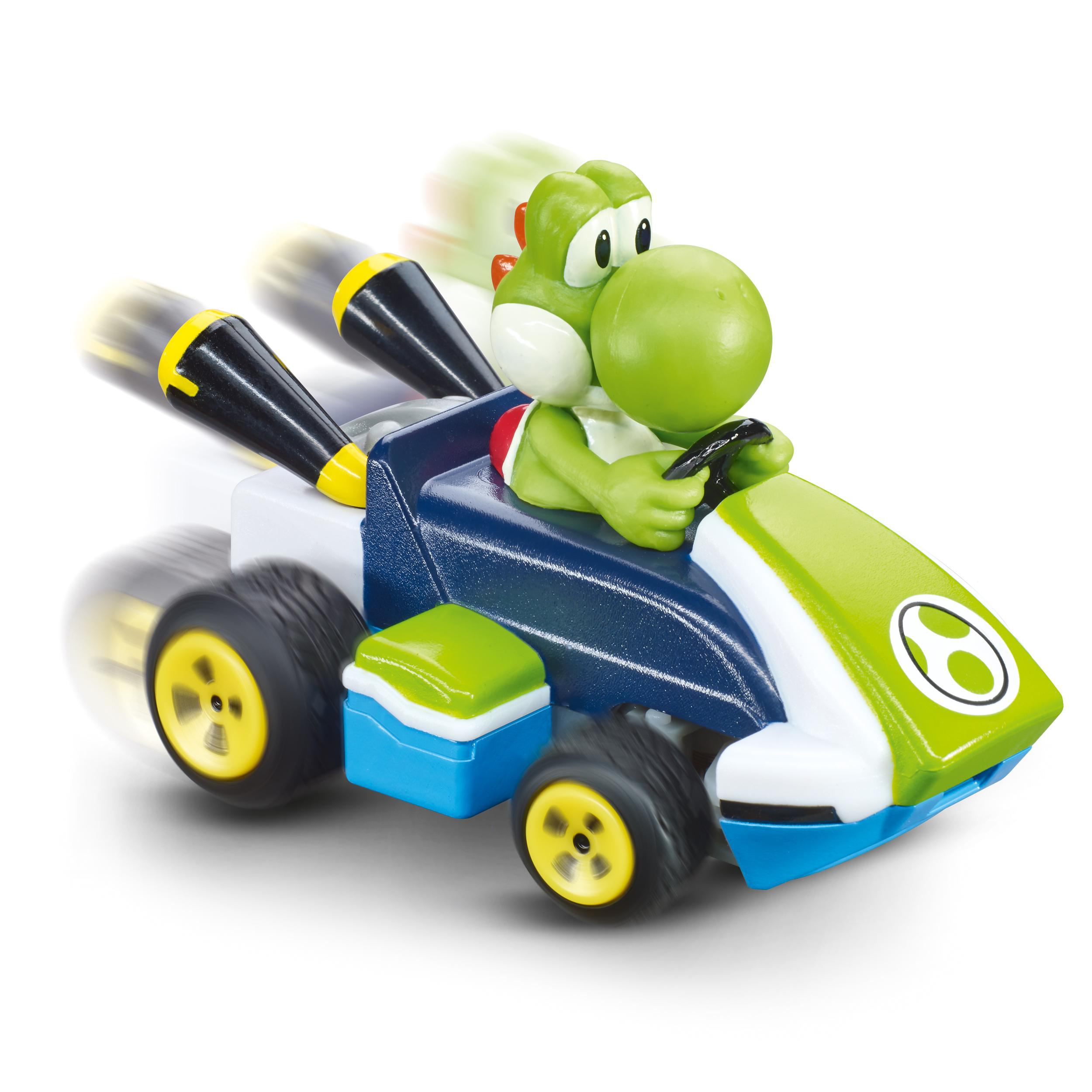 Yoshi in einem Kart fährt Rennen. Das Kart ist grün, blau und weiß. Die Räder sind schwarz mit gelben Felgen. Der Hintergrund ist weiß.