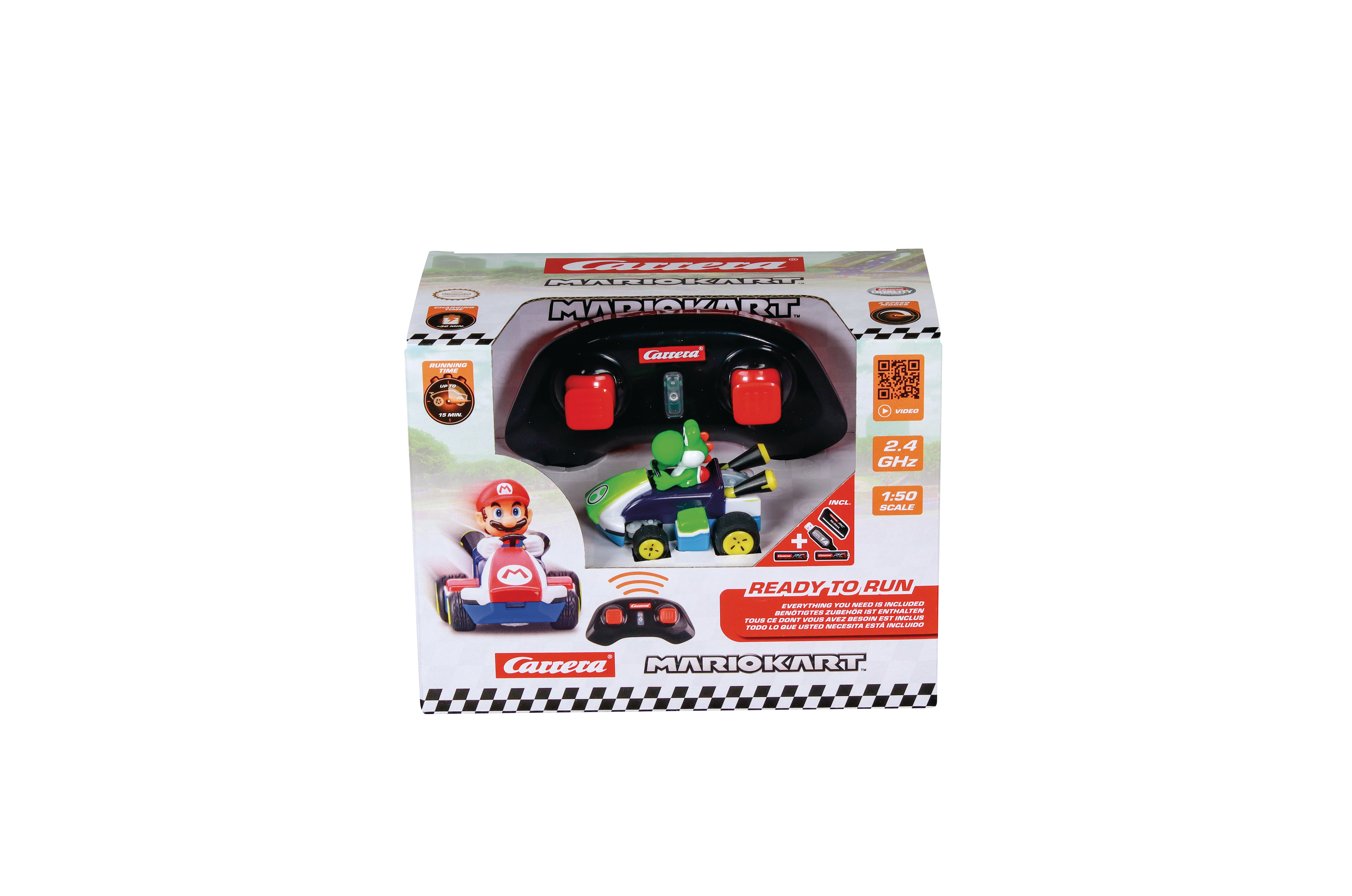 Verpacktes Carrera Mario Kart RC-Auto-Set. Enthält ein Auto mit Yoshi, Controller und Mario in einem Auto. Sofort einsatzbereit.