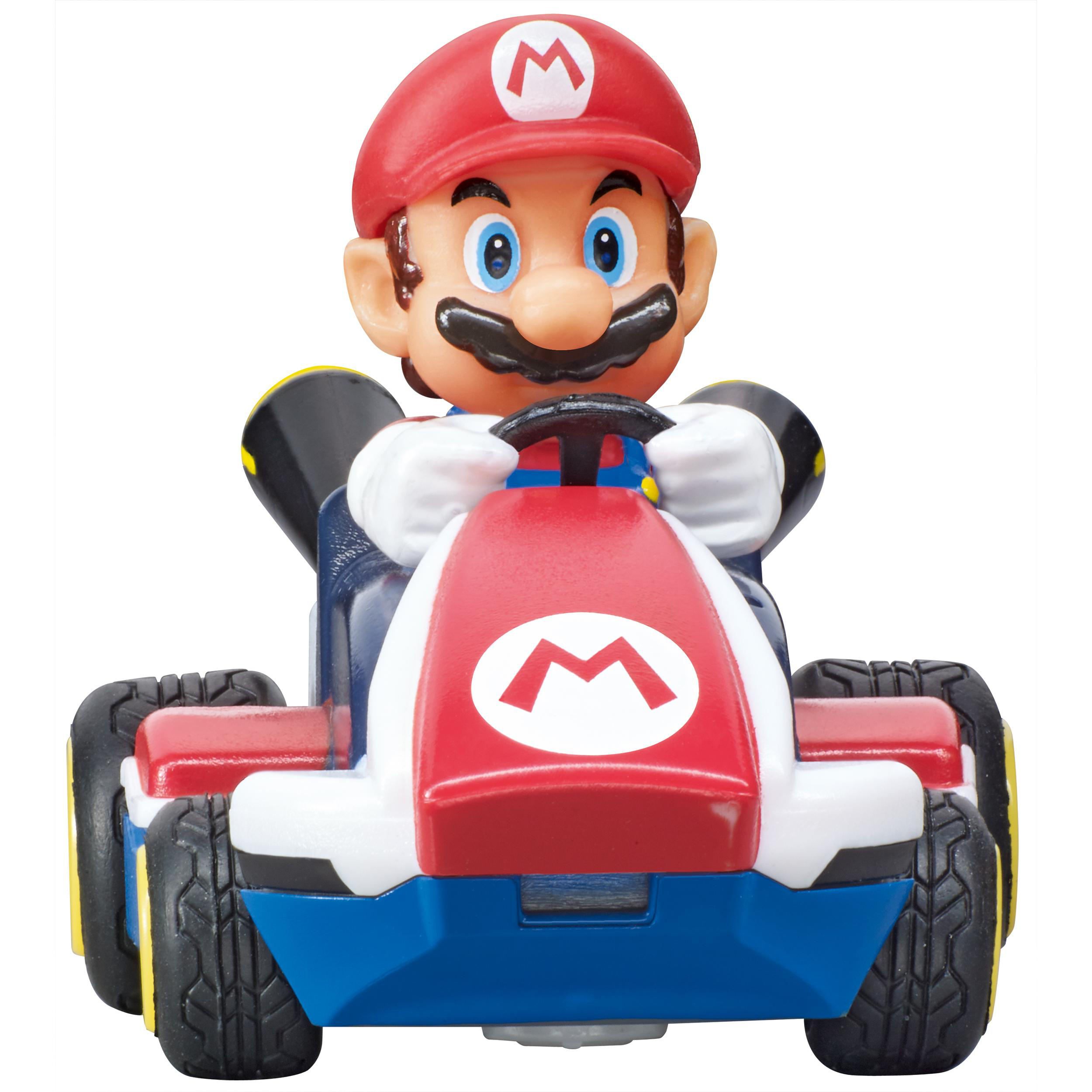 Mario-Spielfigur in einem Kart. Rote Kappe und Kart-Front. Weißer Hintergrund.