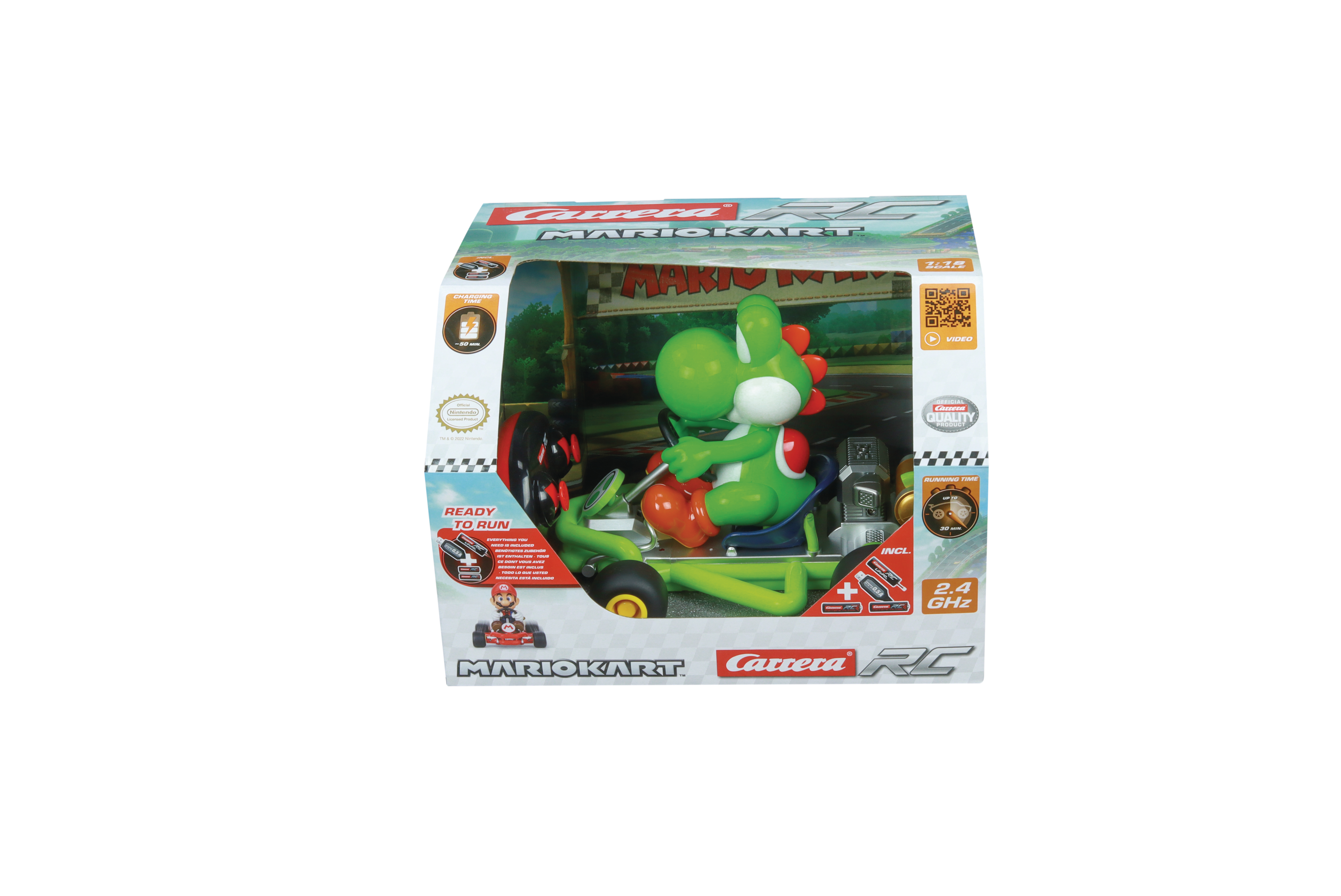 Verpacktes Spielzeugauto: grüner Yoshi in einem Kart mit Mario Kart-Thema. Die Box zeigt Produktdetails und Branding.