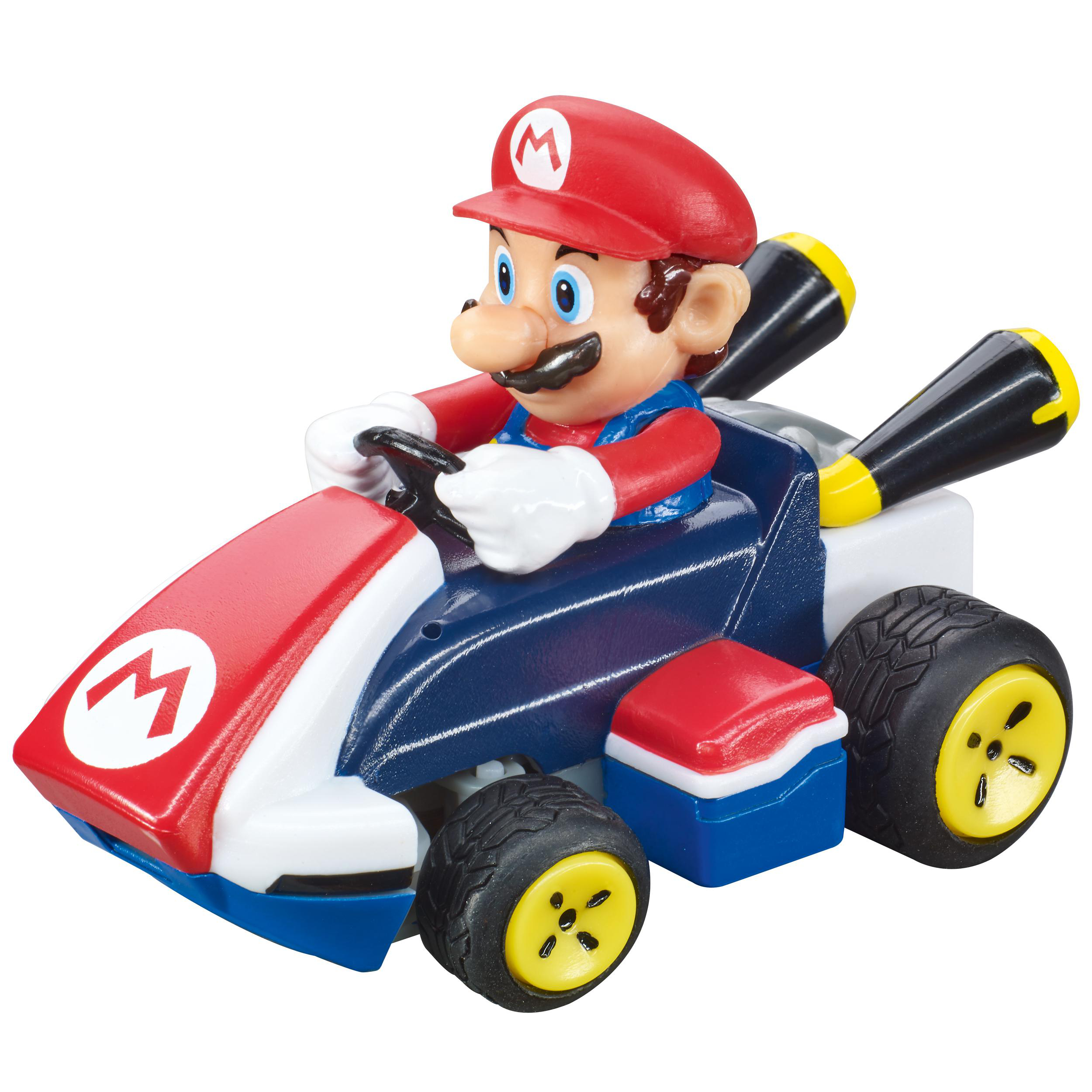 Mario-Spielzeug in einem Kart. Roter Hut mit einem M, blaue Latzhose und ein schwarzer Schnurrbart. Das Kart ist rot, weiß und blau.