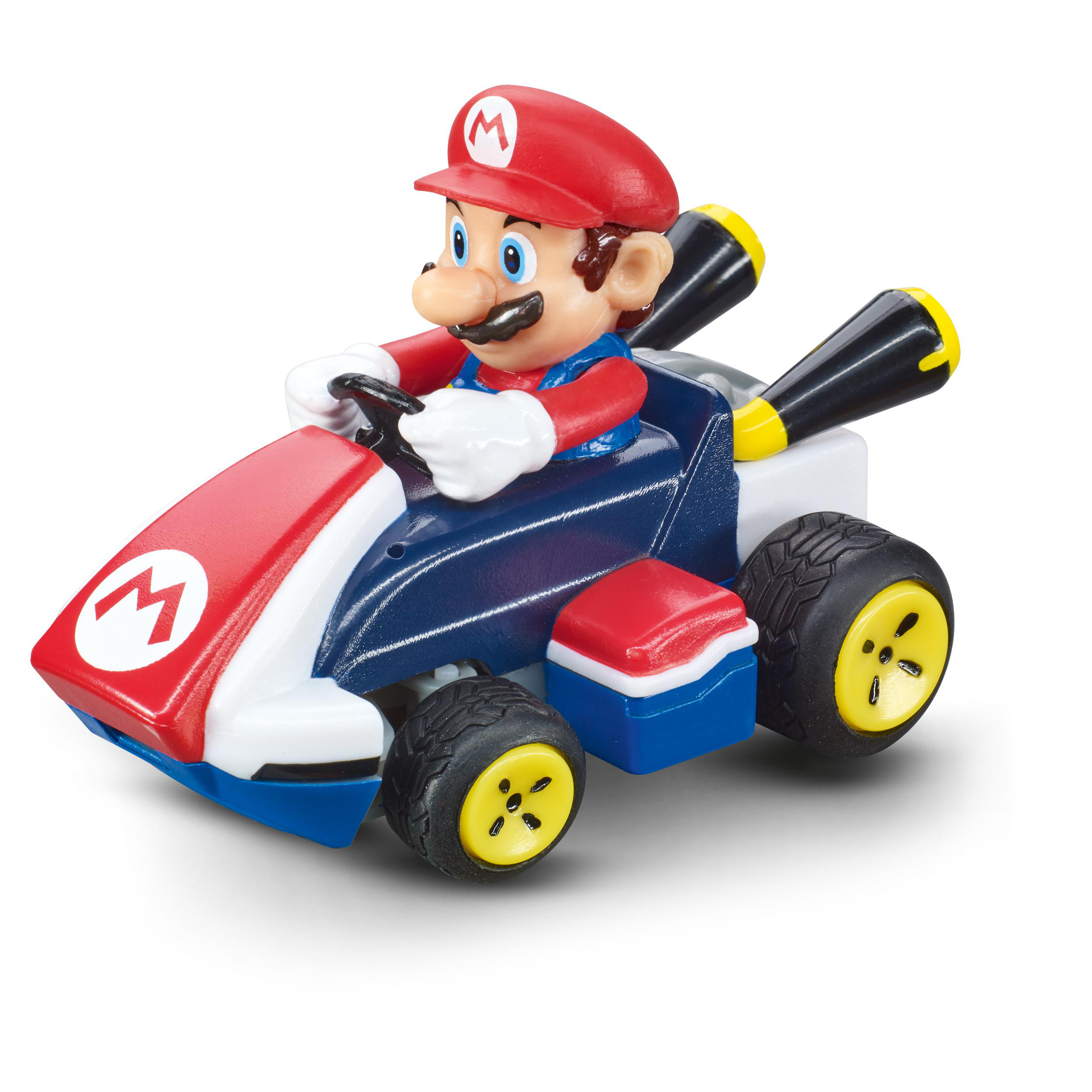 Mario-Figur mit roter Mütze und blauer Latzhose fährt einen rot-weiß-blauen Kart mit gelben Rädern und schwarzen Reifen.