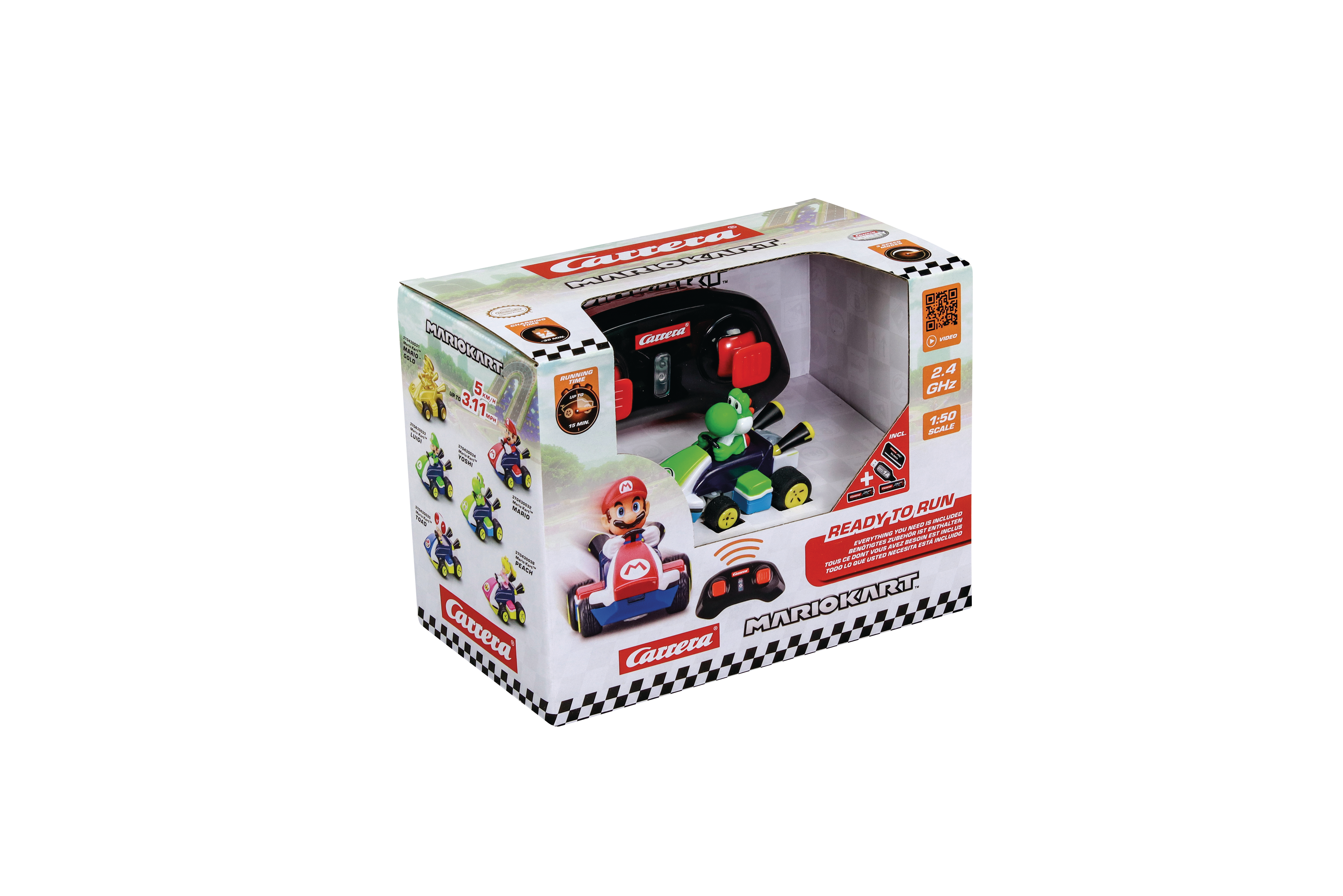 Carrera Mario Kart Set in der Box. Mit Mario- und Yoshi-Rennwagen, Fernbedienung und Produktdetails.