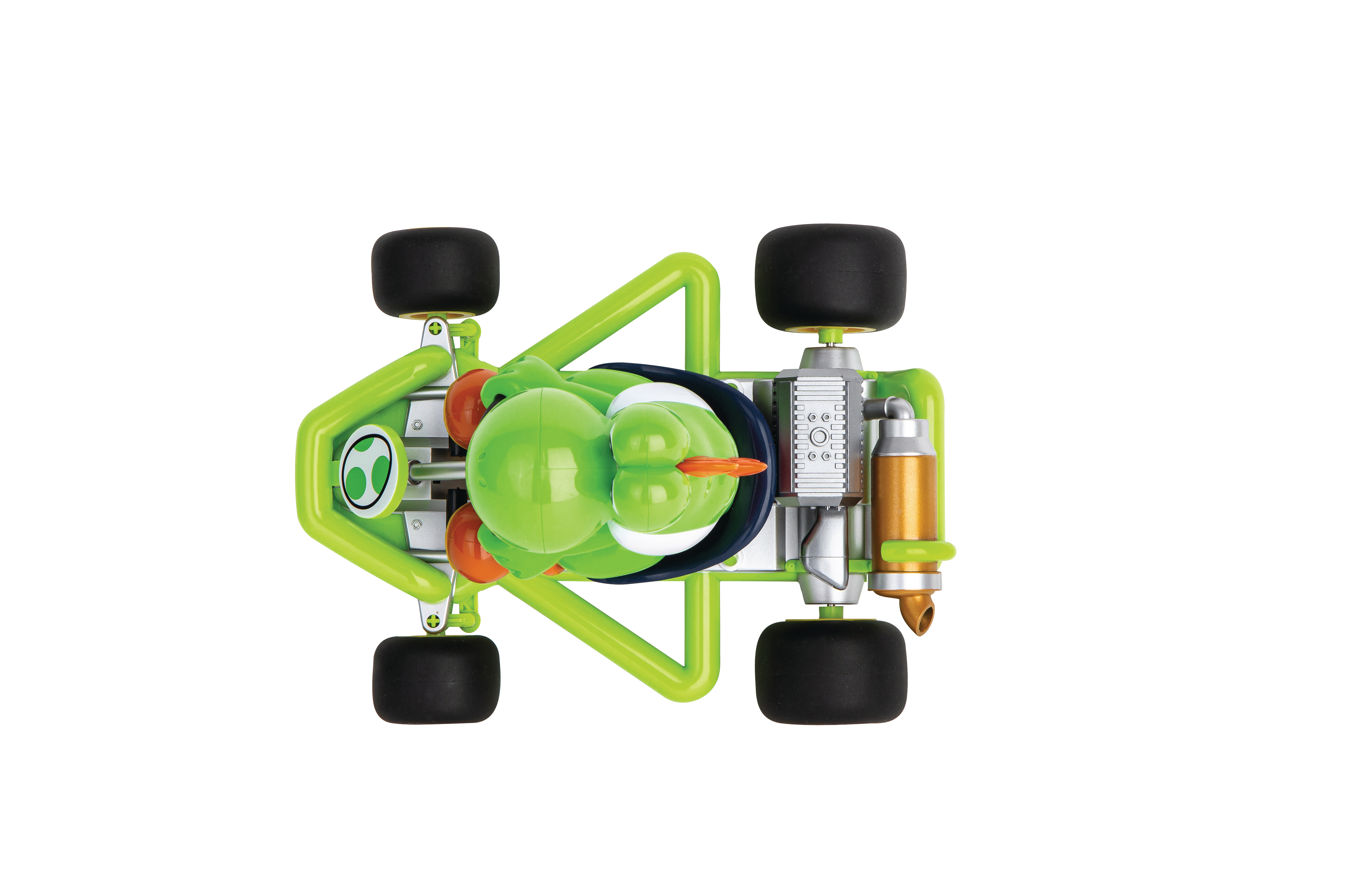 Draufsicht auf ein Spielzeugkart mit Yoshi-Figur. Grüner Rahmen, schwarze Reifen, goldener Auspuff und weißer Hintergrund.