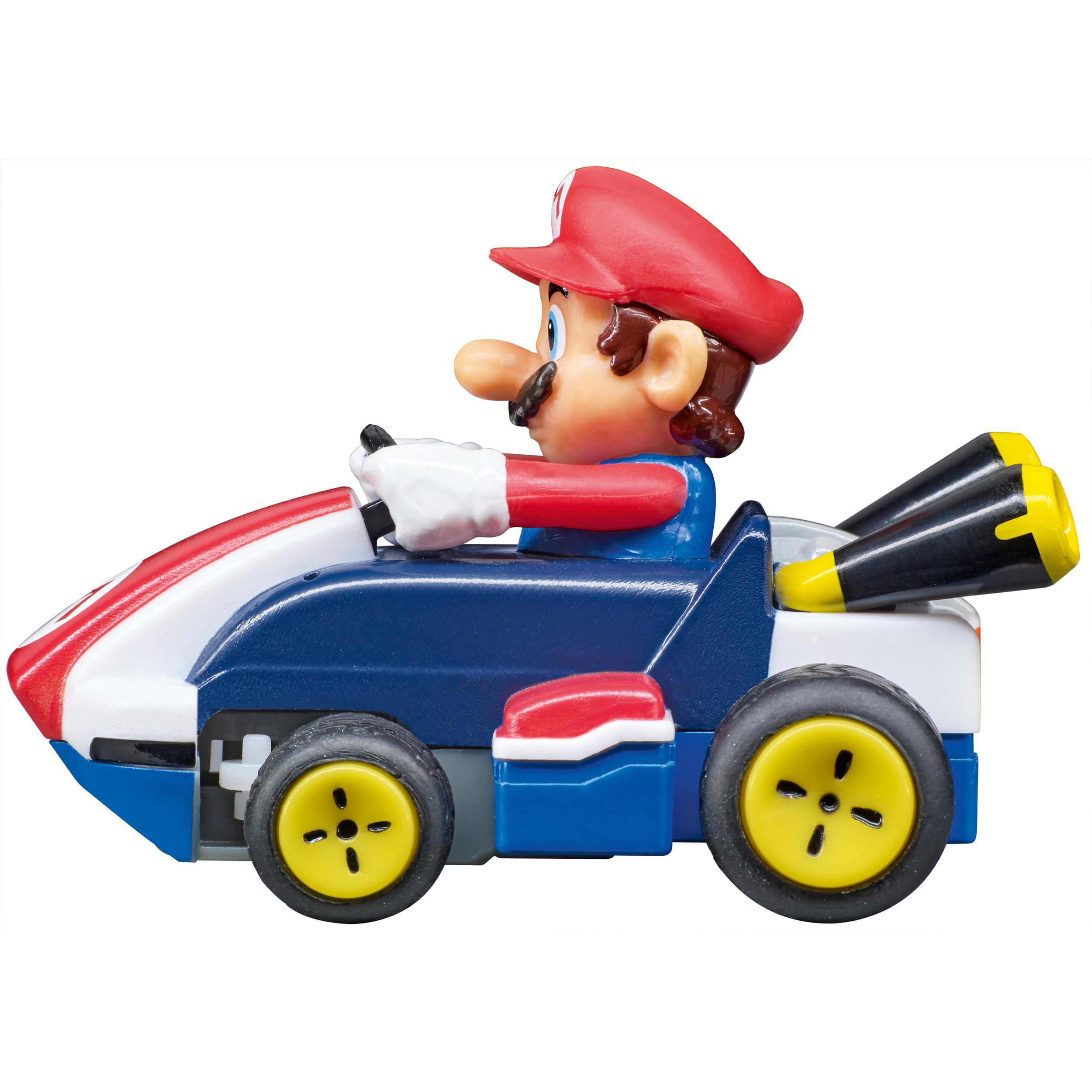 Mario-Figur in einem blau-weiß-roten Kart. Er trägt eine rote Mütze und weiße Handschuhe und fährt einen Kart mit gelben Rädern.