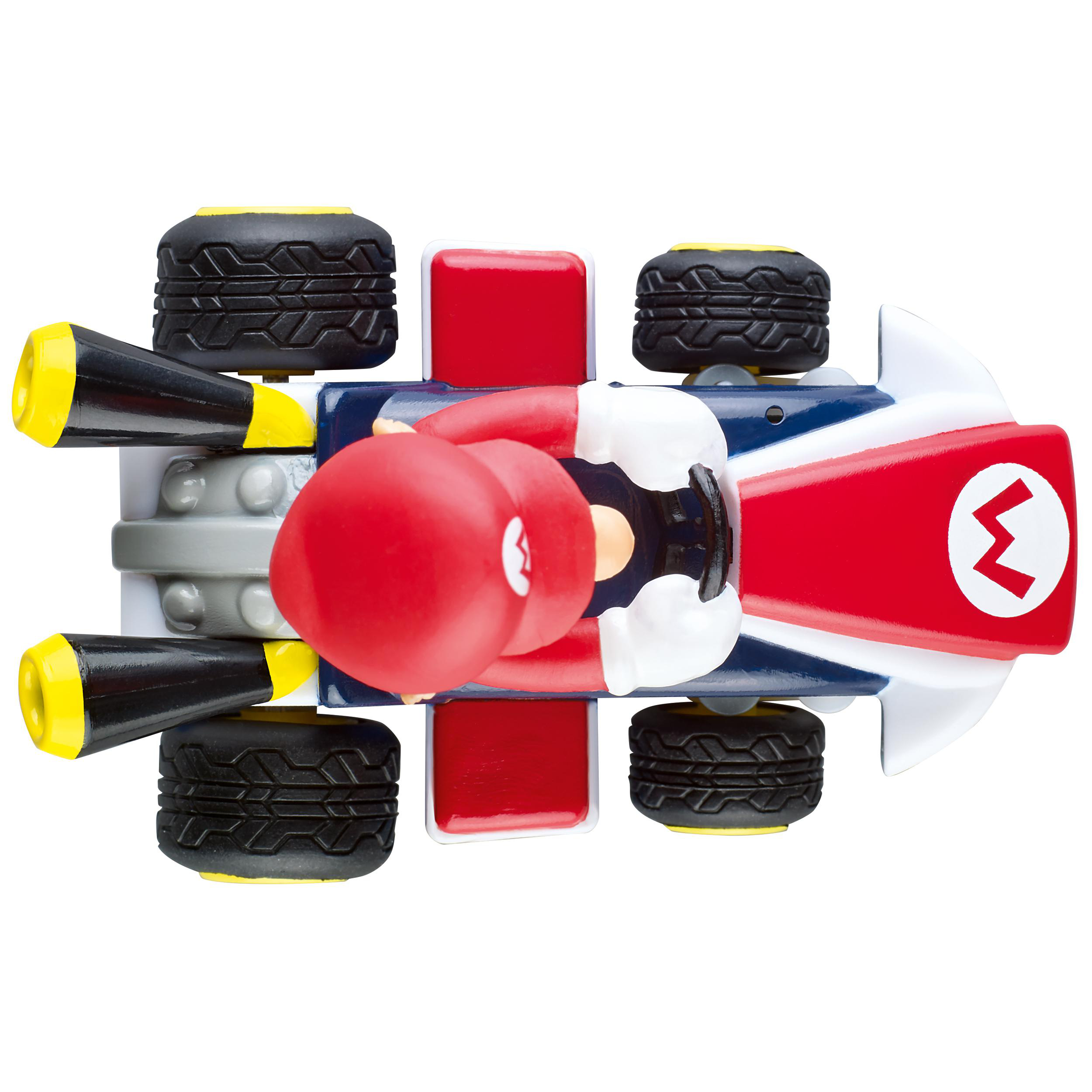 Draufsicht auf ein Spielzeug-Rennwagen mit Mario. Das Auto ist rot, blau, weiß und hat schwarze Räder.