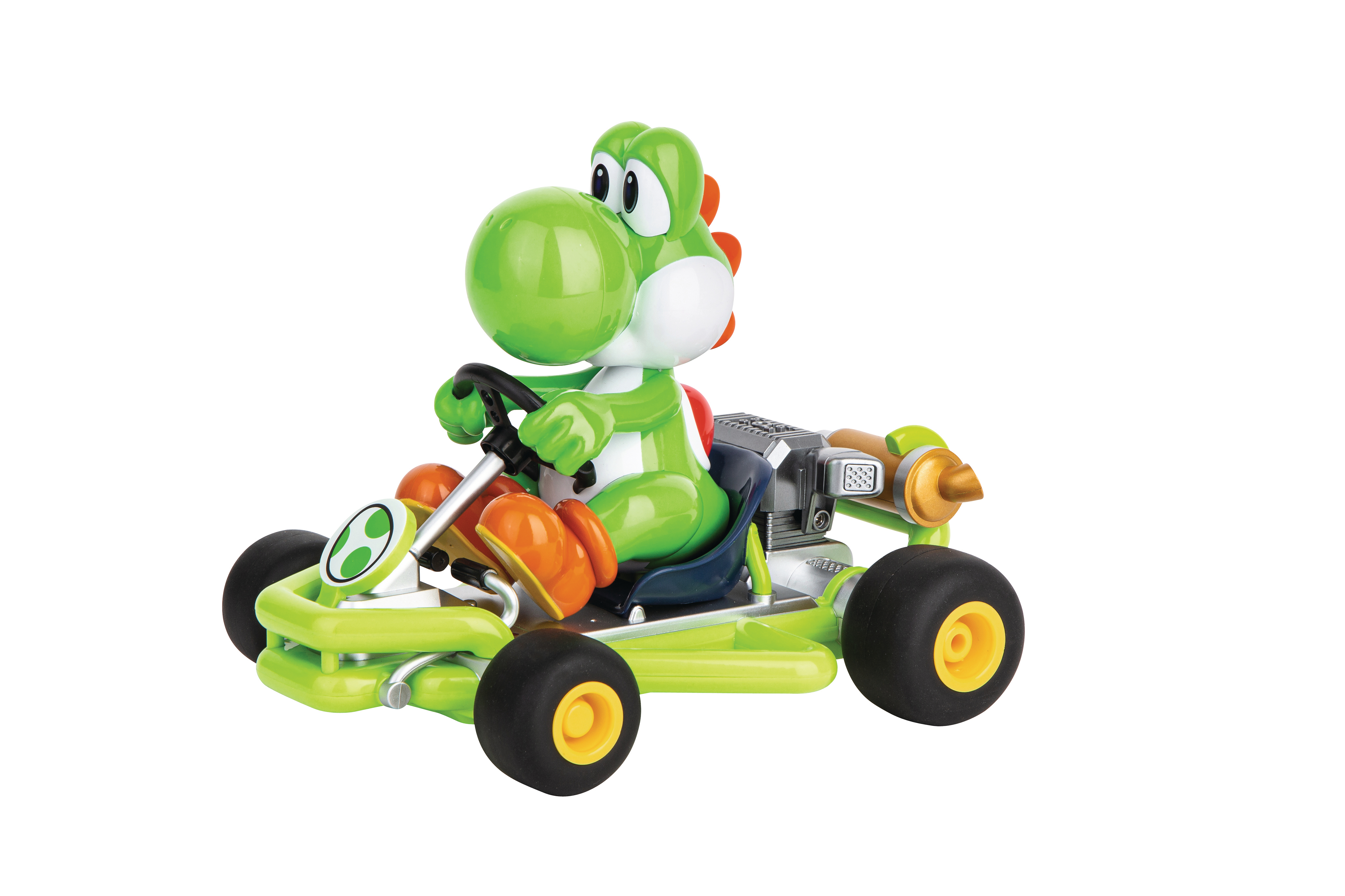 Yoshi-Spielzeug in einem Kart. Grüner Yoshi mit orangefarbenen Schuhen fährt einen grünen Kart mit schwarzen Rädern.