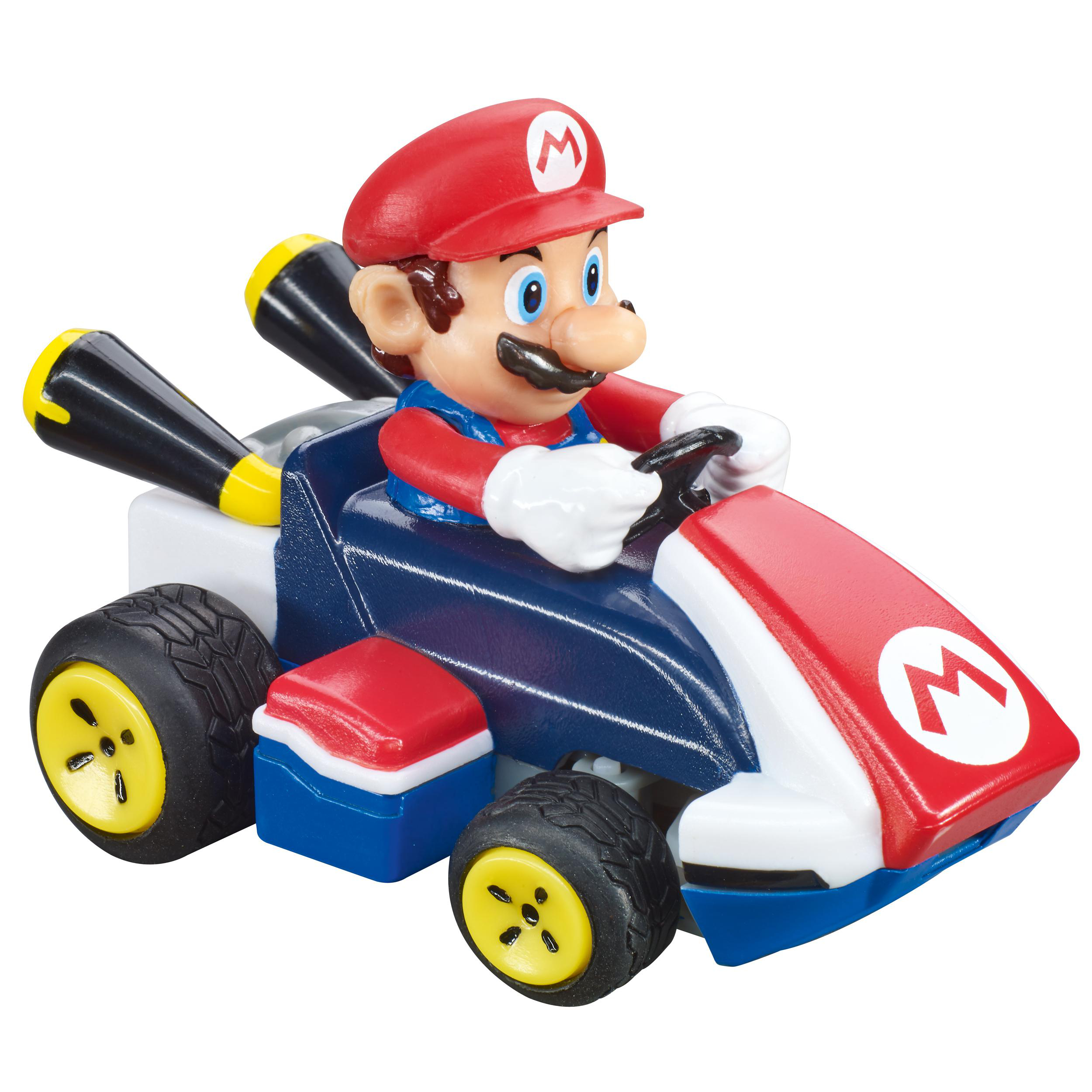 Mario-Spielzeugauto. Mario-Figur in roter Mütze und Latzhose fährt blauen, weißen und roten Kart mit schwarzen Reifen und gelben Felgen.