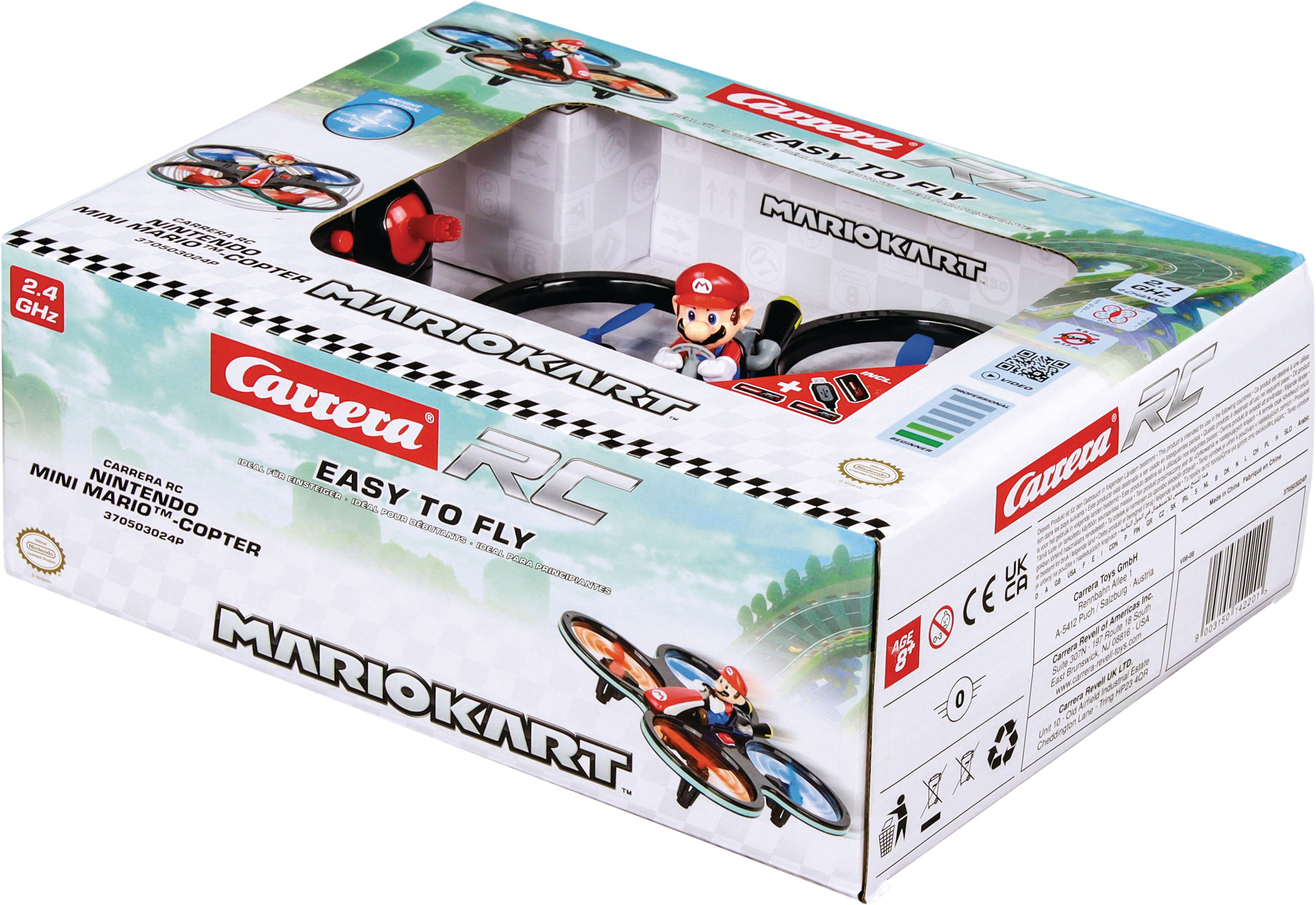 Schachtel eines Mario Kart RC Mini-Copter-Spielzeugs. Mario-Figur sitzt im Copter. Die Box hat das Carrera-Logo.