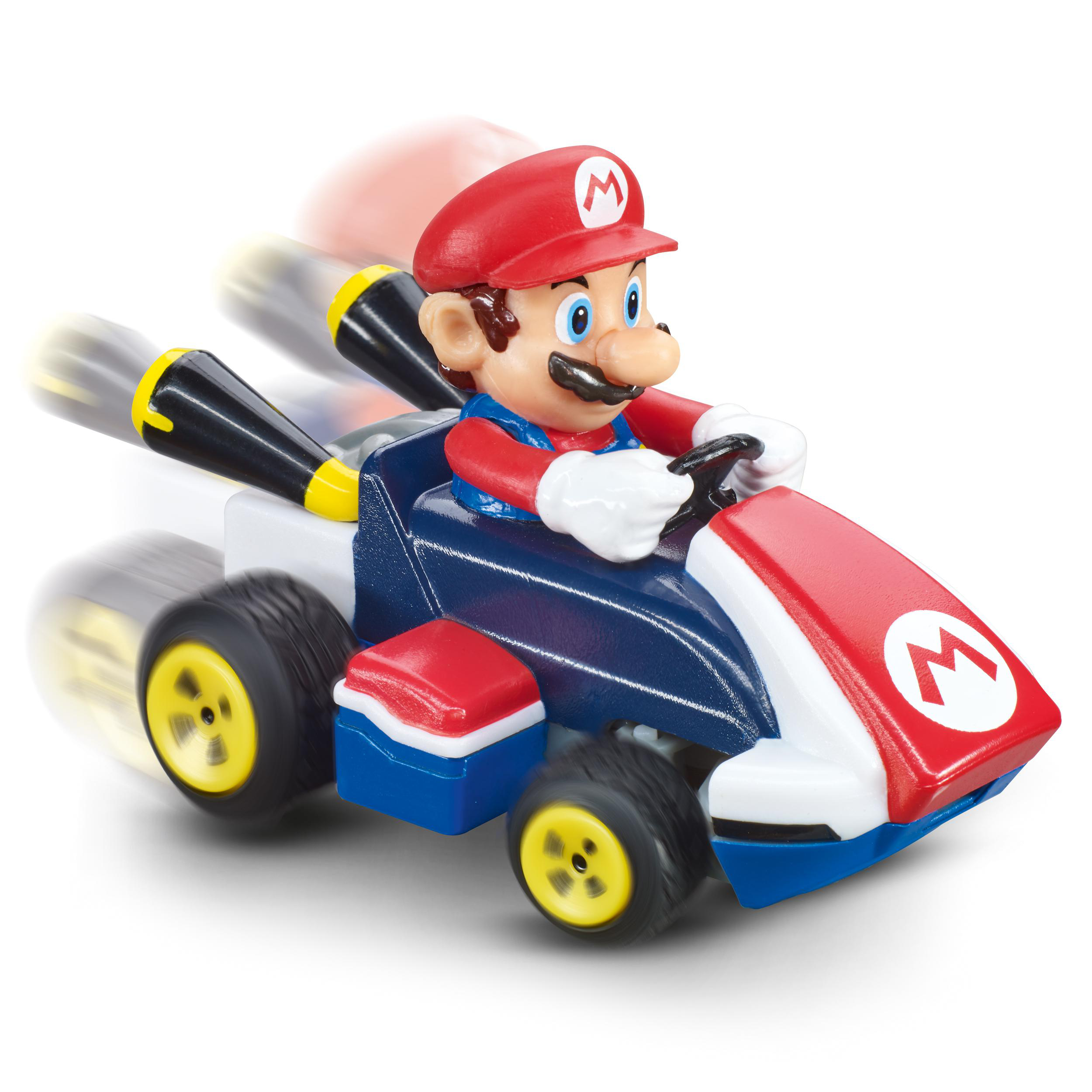 Mario-Spielzeug in einem Rennwagen. Das Auto ist rot, weiß und blau mit gelben Rädern. Mario trägt eine rote Kappe und blaue Latzhosen.