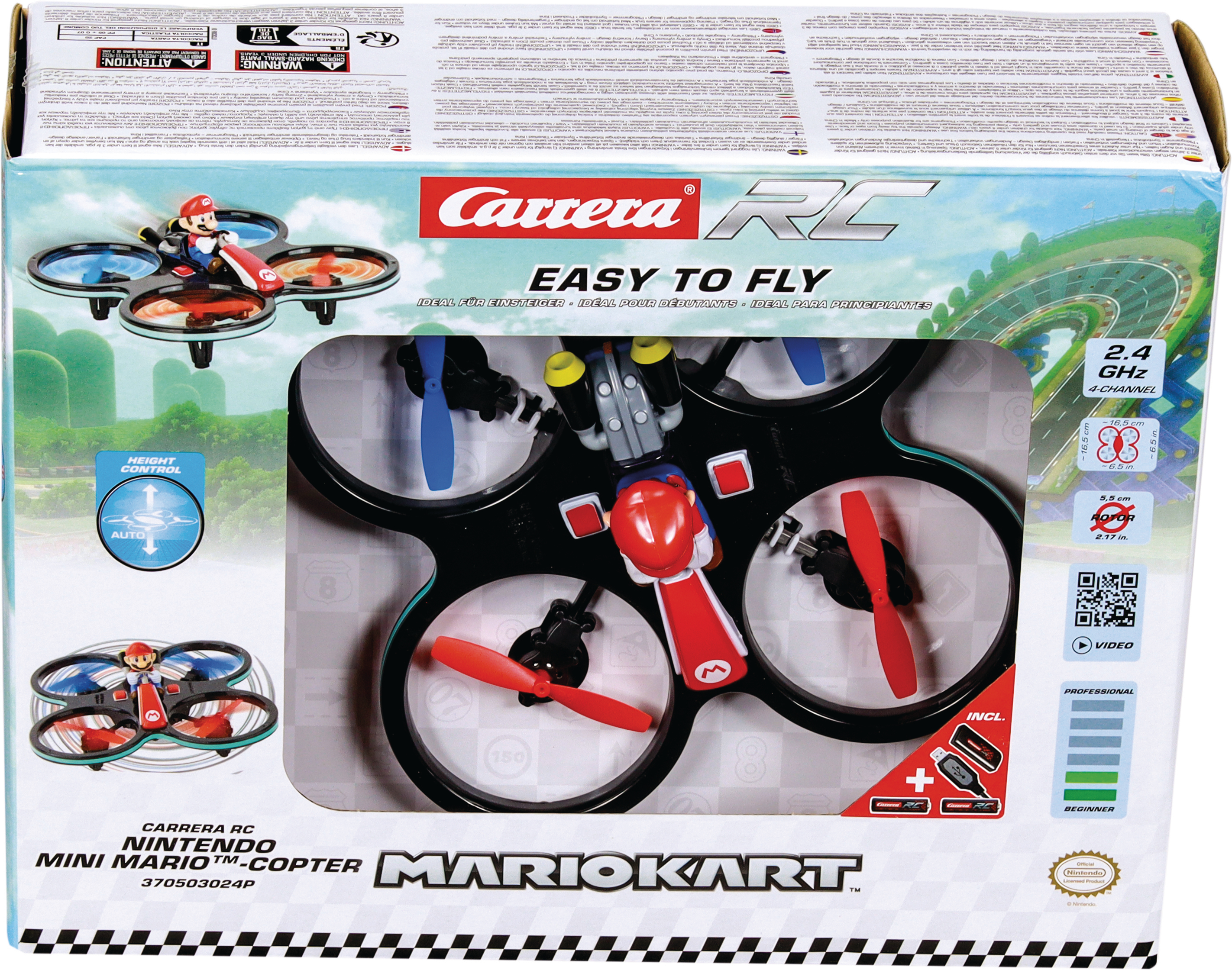 Verpacktes Carrera RC Mario Kart Drohnen-Spielzeug. Es hat einen schwarzen Rahmen mit roten Propellern. Mario sitzt oben.