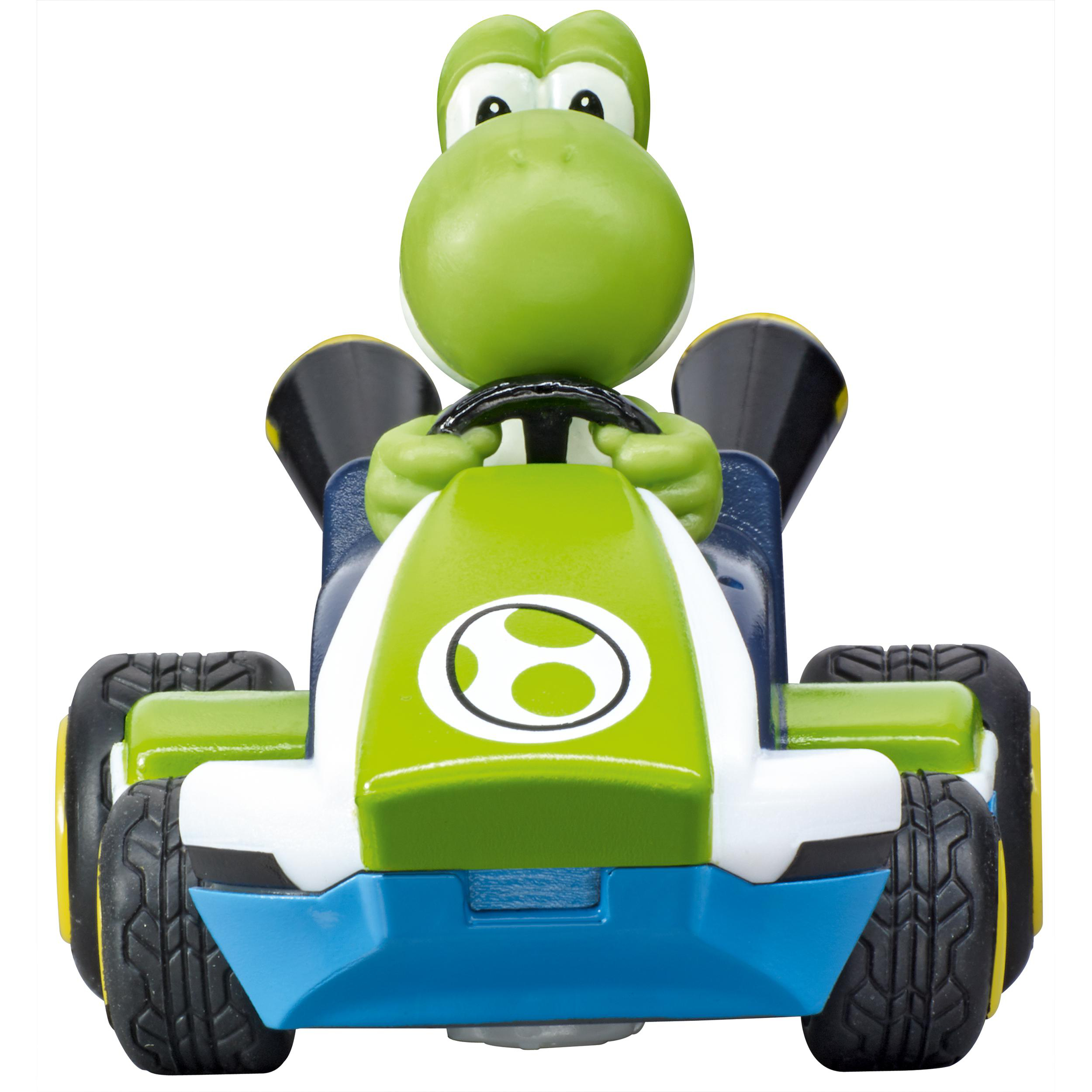 Ein grünes Yoshi-Spielzeug in einem Kart. Das Kart ist grün, blau und weiß. Yoshi hält das Lenkrad.
