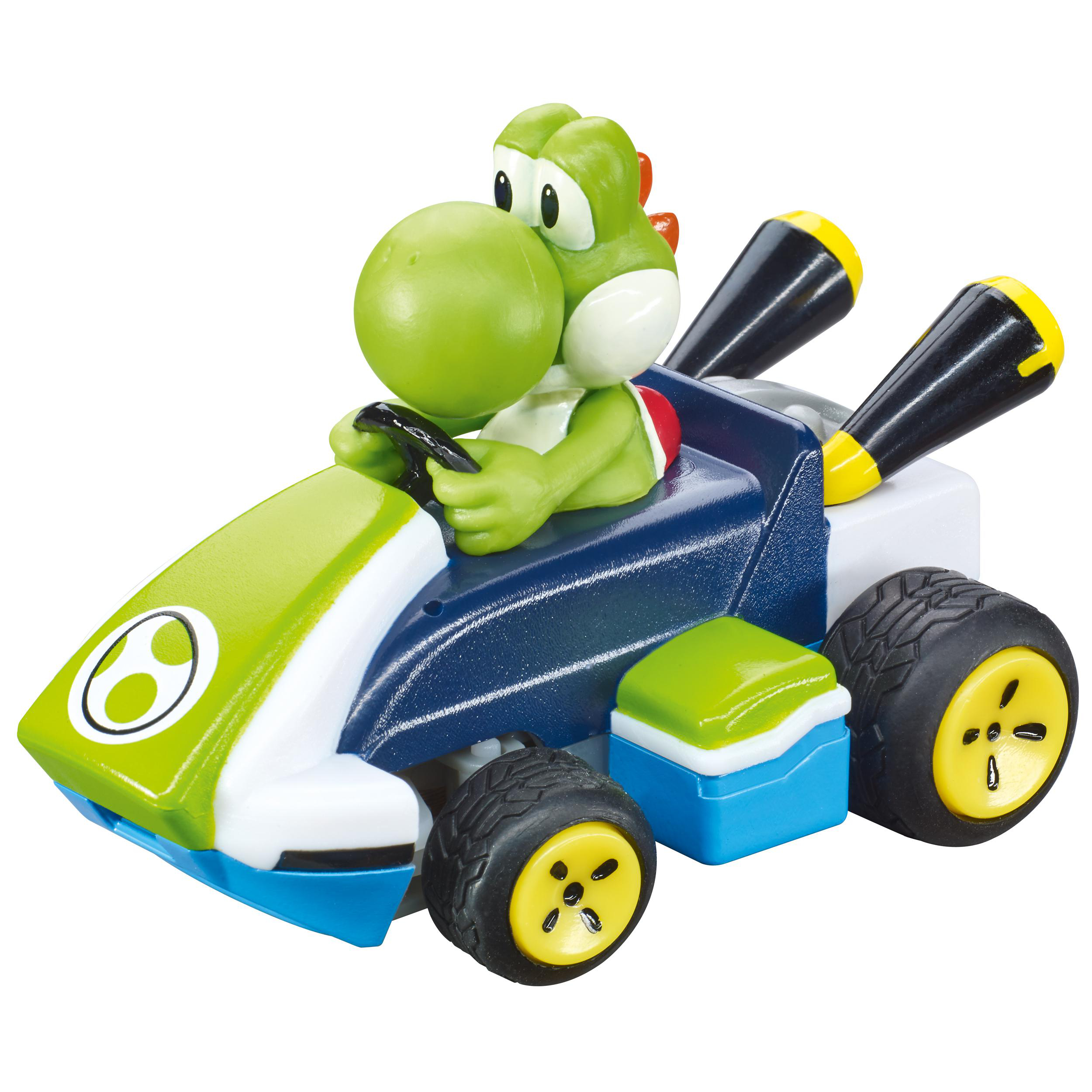 Yoshi-Spielzeugauto. Grüne Yoshi-Figur fährt einen blau-grünen Kart, schwarze Reifen mit gelben Felgen und zwei schwarze Auspuffrohre.