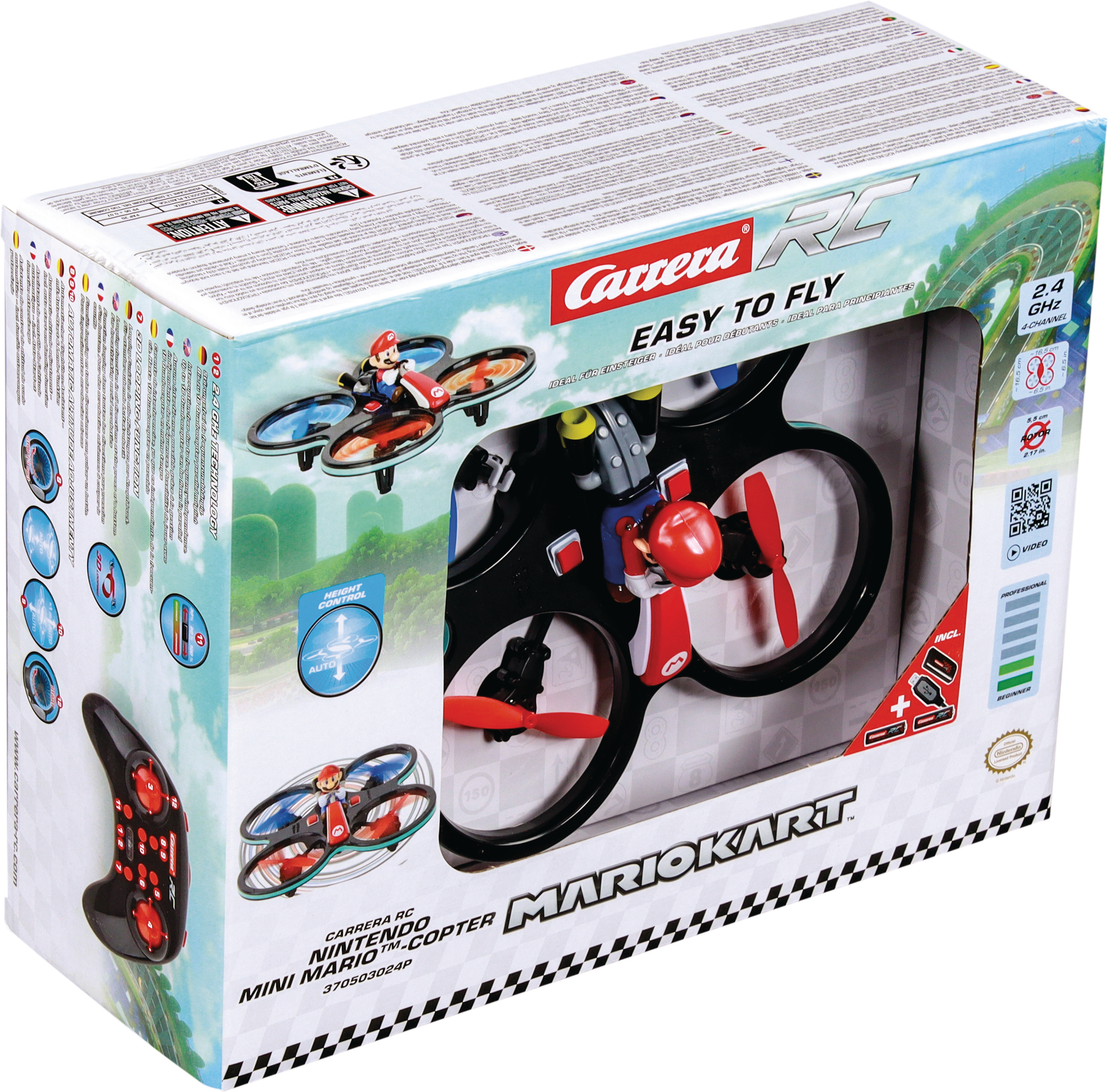 Verpackte Carrera RC Nintendo Mario Kart Mini Mario Copter. Enthält eine Drohne, einen Controller und eine Mario-Figur.