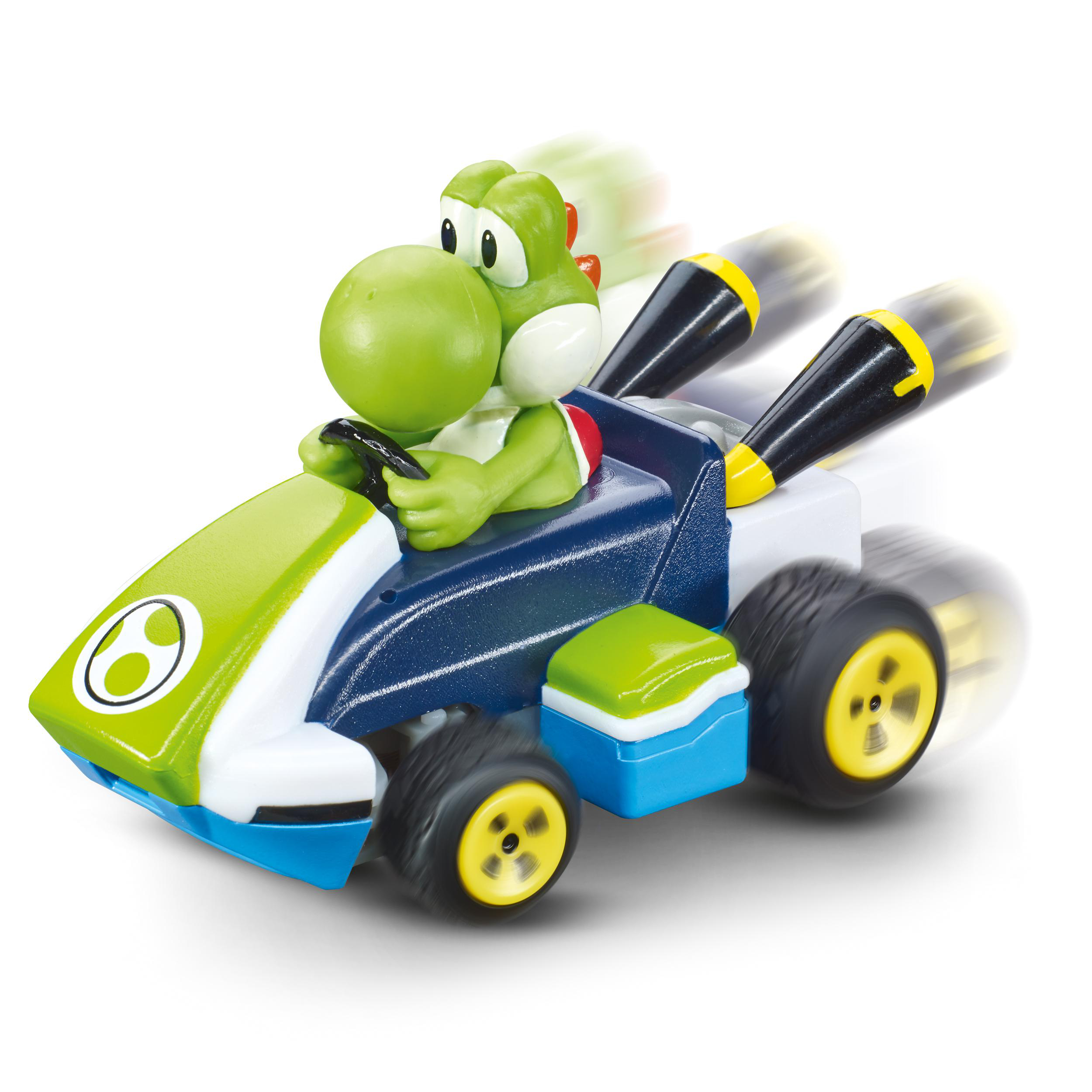 Spielzeugauto von Yoshi in Bewegung. Grüne Yoshi-Figur in einem grün-blauen Auto mit schwarzen Rädern und gelben Details.
