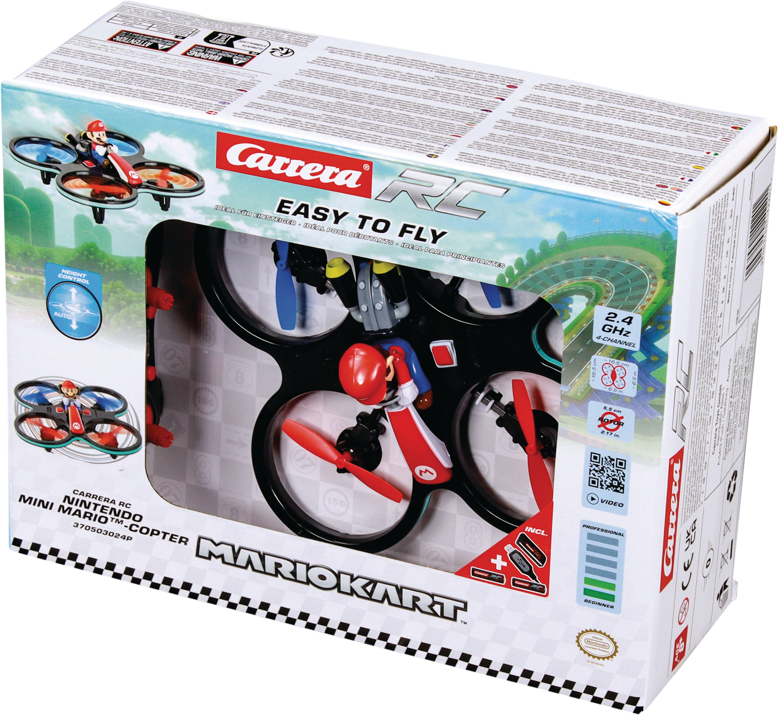 Verpacktes Mario Kart Drohnenspielzeug. Mit Mario-Figur auf einer schwarzen Drohne mit roten und blauen Propellern.