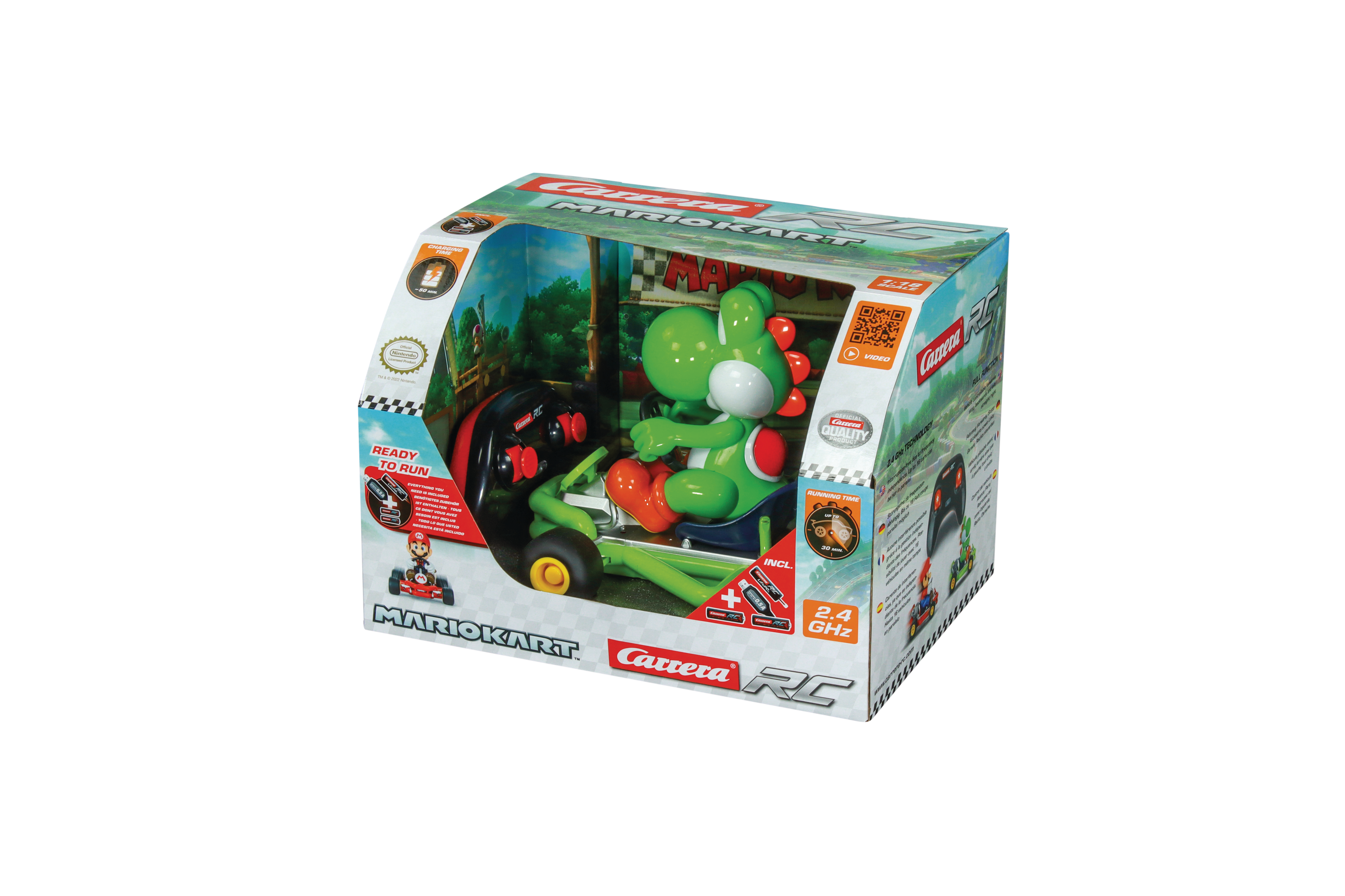 Ein verpacktes Carrera RC Mario Kart Spielzeugset. Eine grüne Yoshi-Figur befindet sich in der Box.