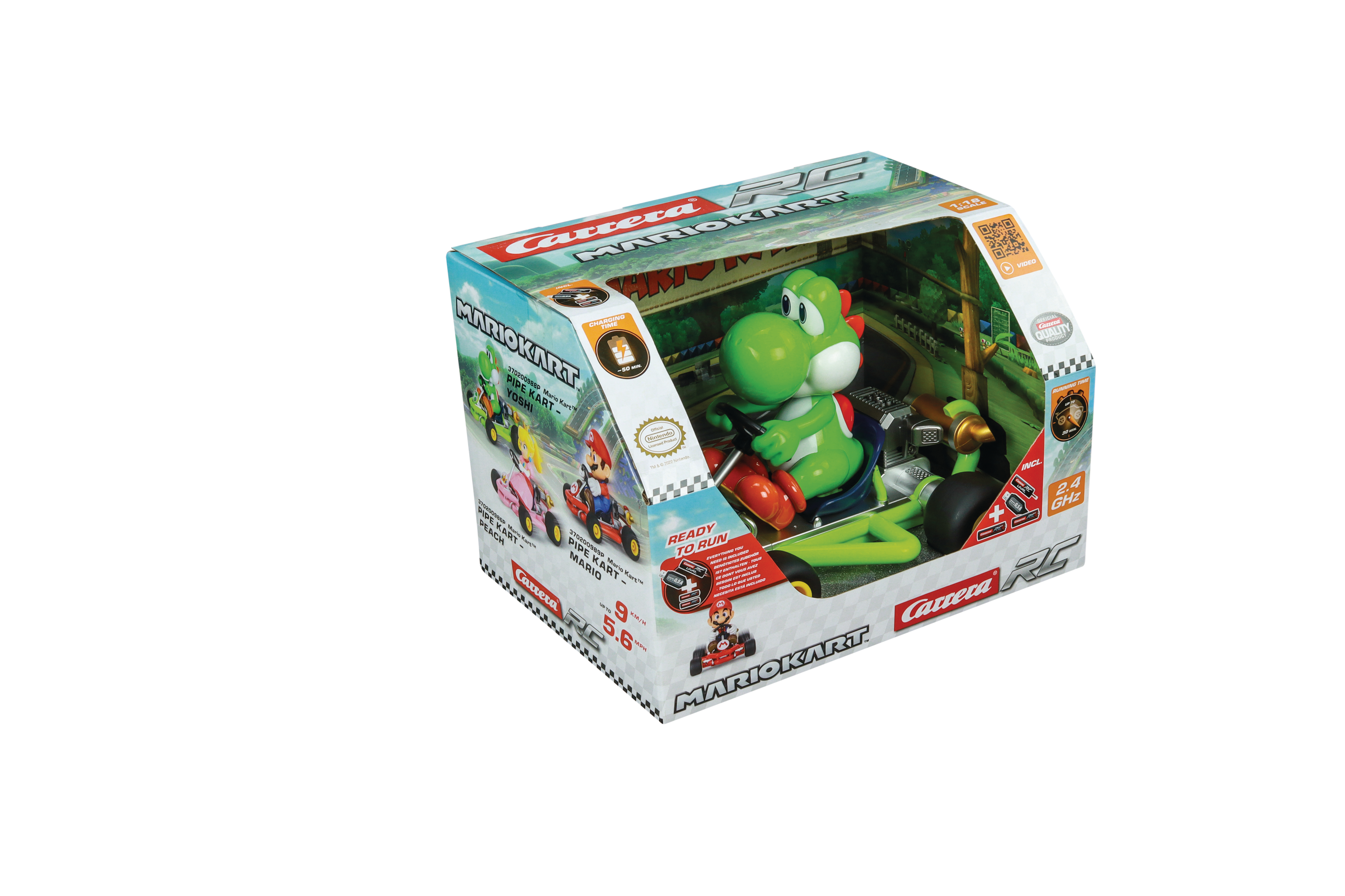 Ein verpacktes Spielzeug von Yoshi in einem Mario Kart-Auto. Die Box zeigt Mario Kart-Branding und Bilder anderer Charaktere.