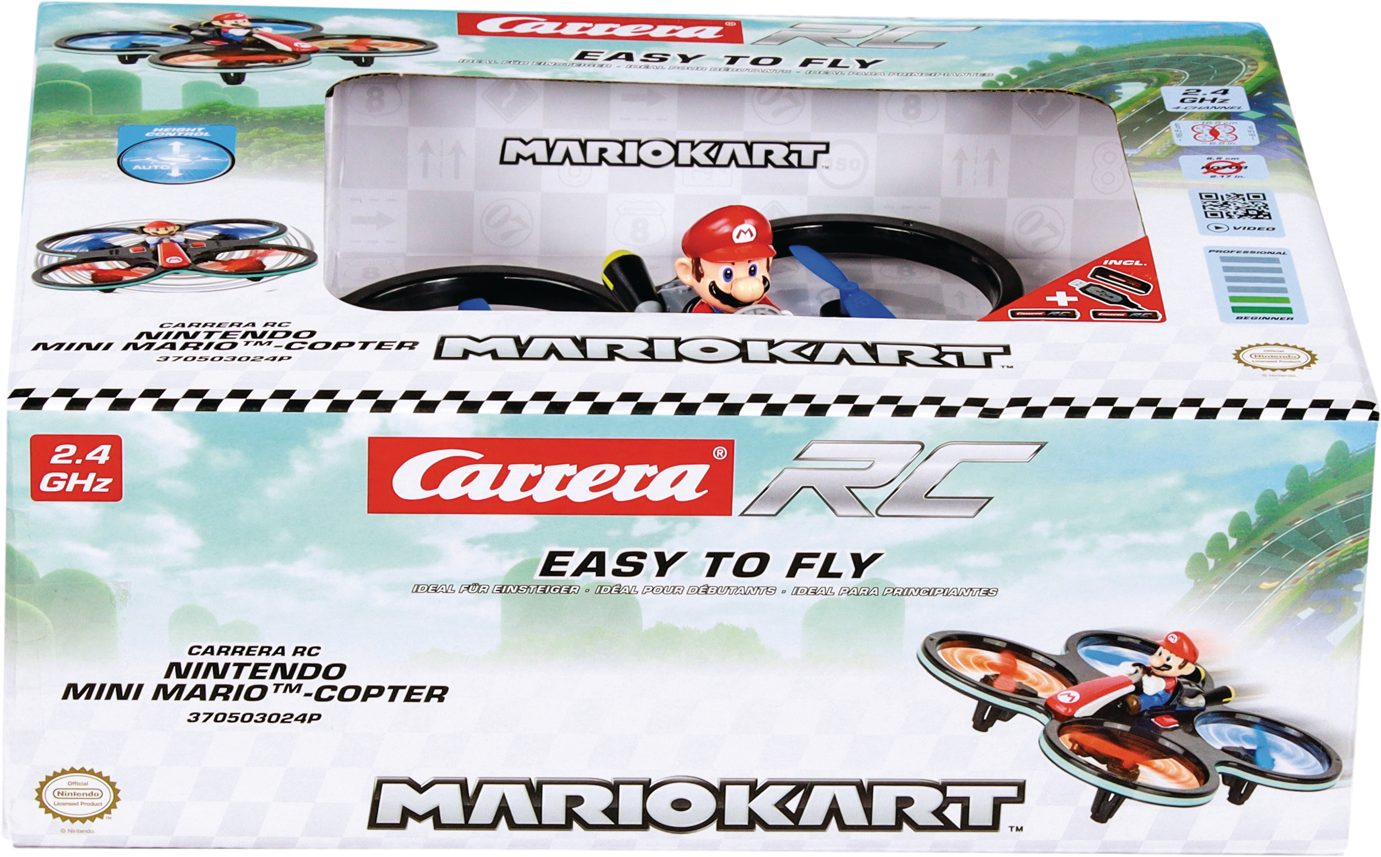 Box mit einer Mario Kart Drohne. Sie ist rot, schwarz und blau. Die Box hat Logos von Carrera und Nintendo.