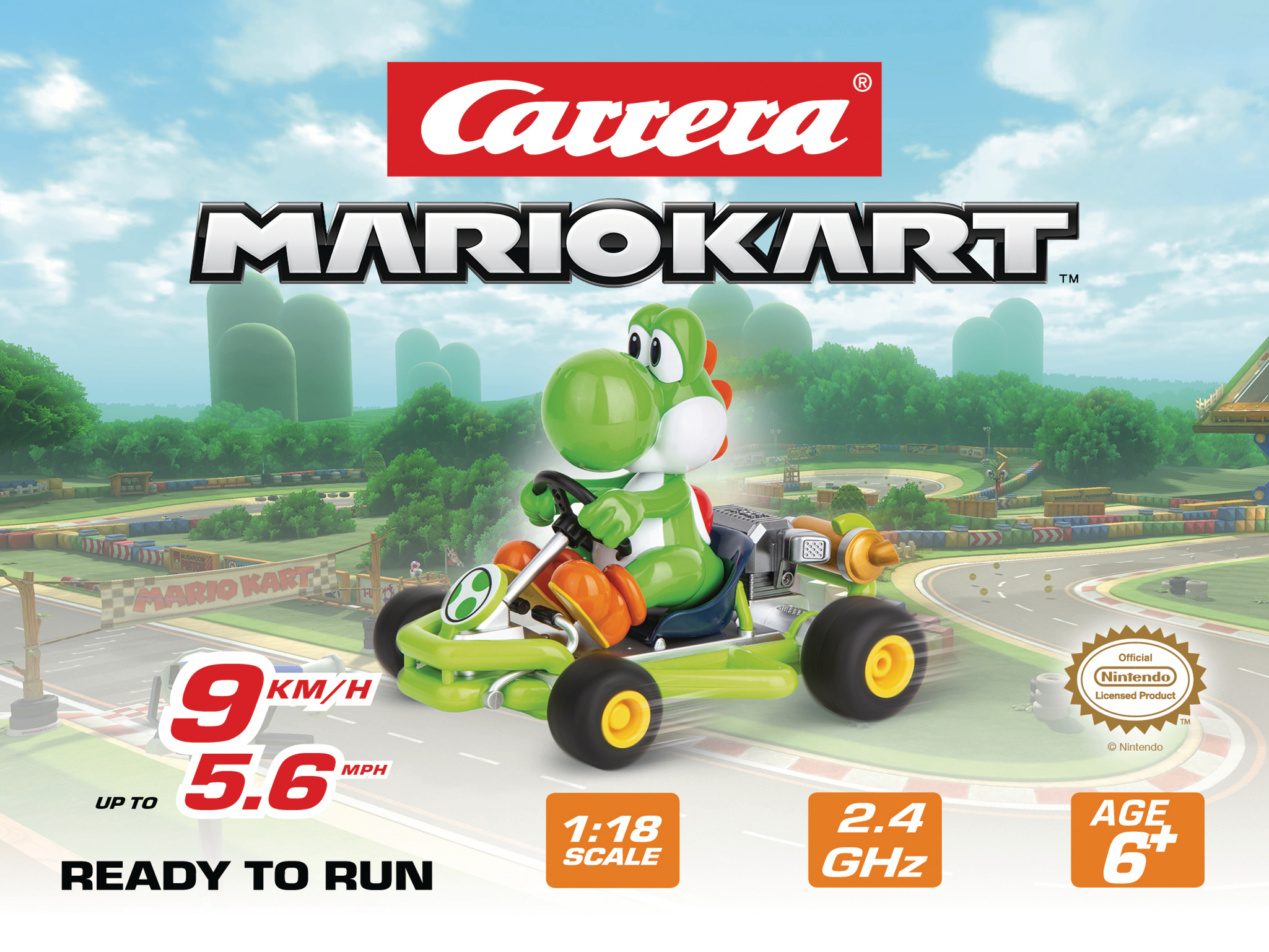 Grüner Yoshi in einem Kart. Das Kart befindet sich auf einer Rennstrecke. Das Carrera- und Mario Kart-Logo oben.
