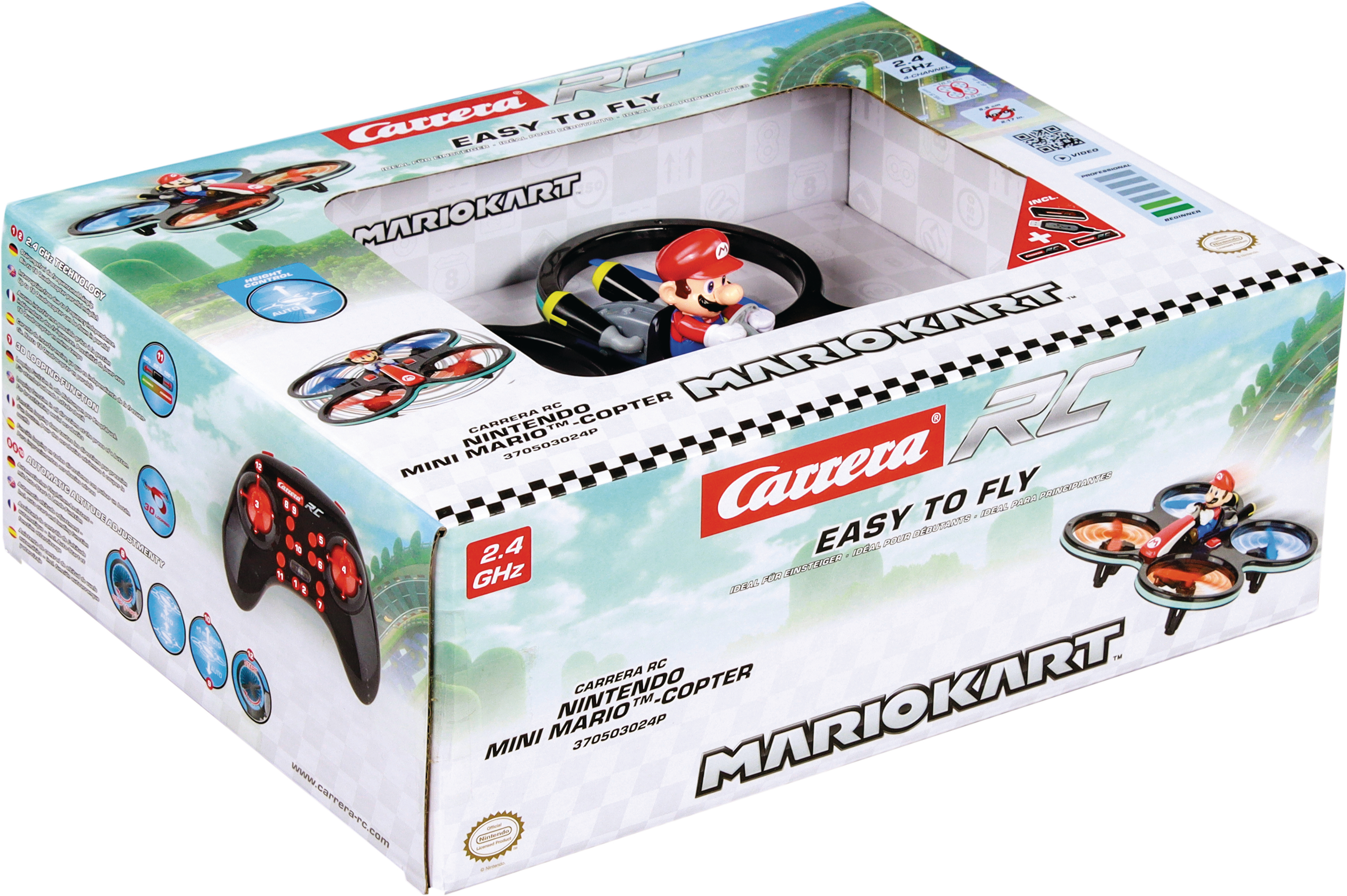 Verpackte Mario Kart Drohne. Mario-Figur sitzt in der Drohne. Rote, schwarze und blaue Farben sind sichtbar.