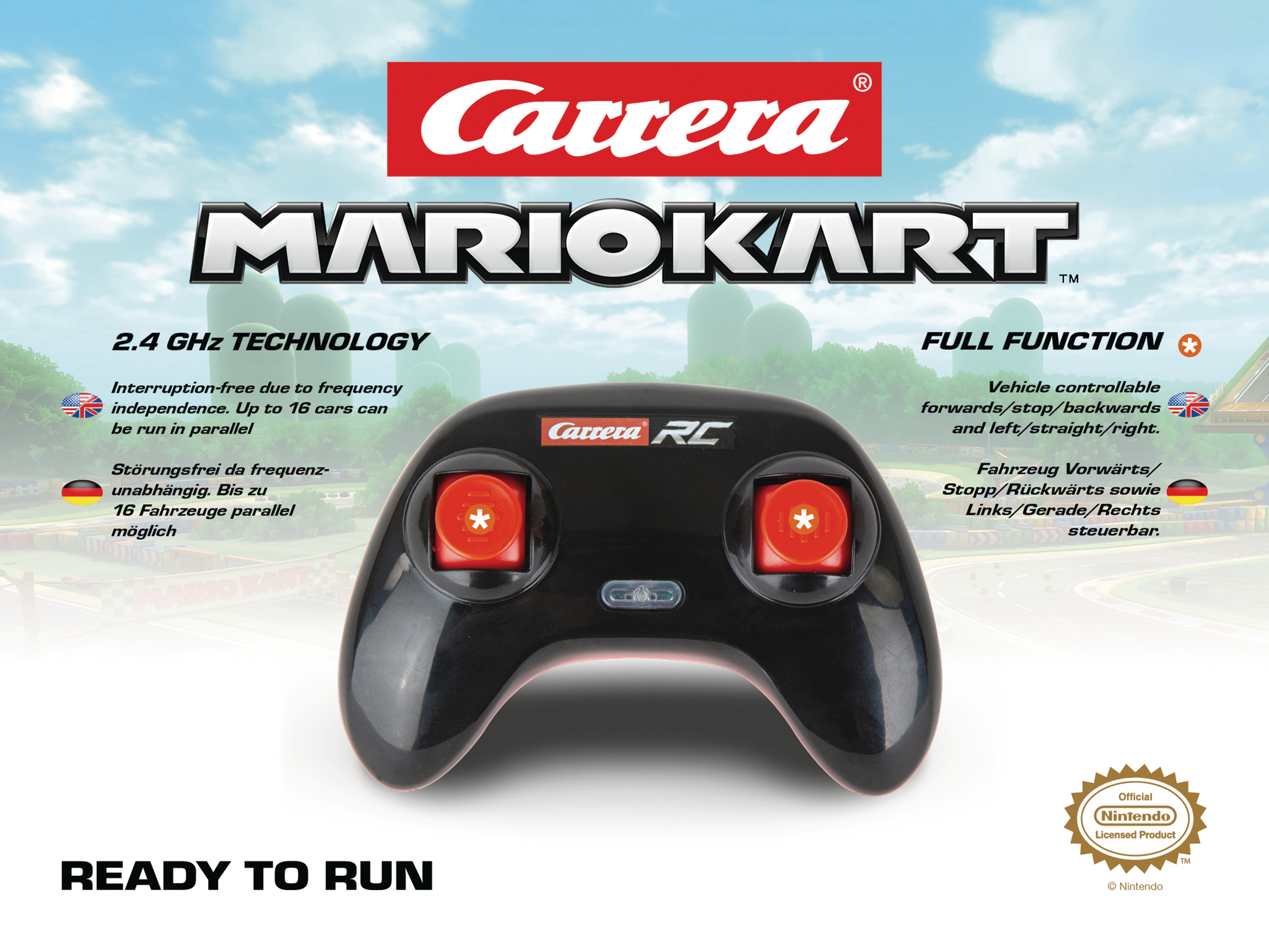 Schwarze Carrera Mario Kart Fernbedienung mit roten Knöpfen. Text enthält '2,4 GHz Technologie', 'Full Function', 'Ready to Run'.