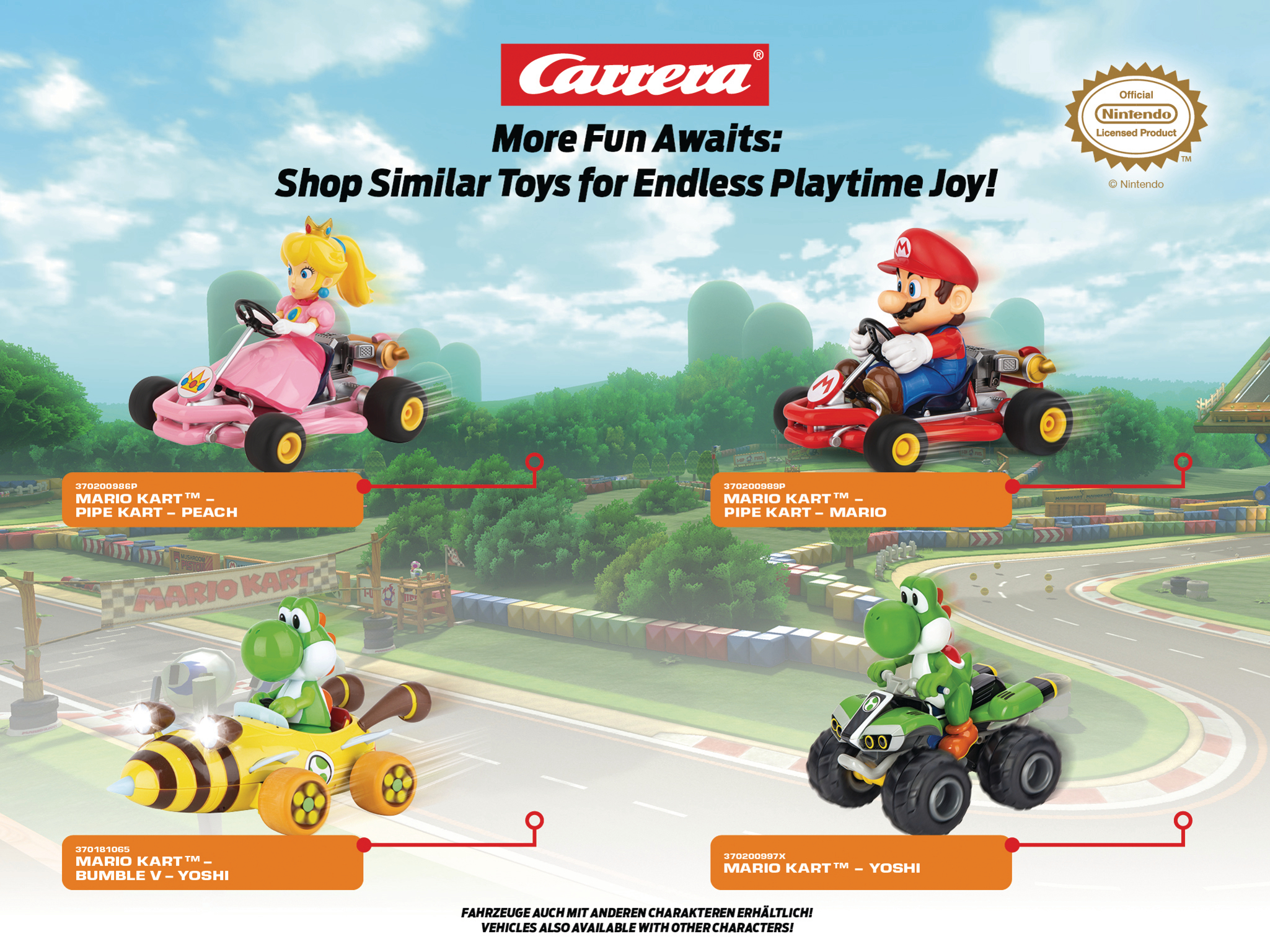 Mario Kart Spielzeug: Peach, Mario, Yoshi in Bumble- und grünen ATV-Karts. Carrera- und Nintendo-Logos. Text: 'More Fun Awaits'.