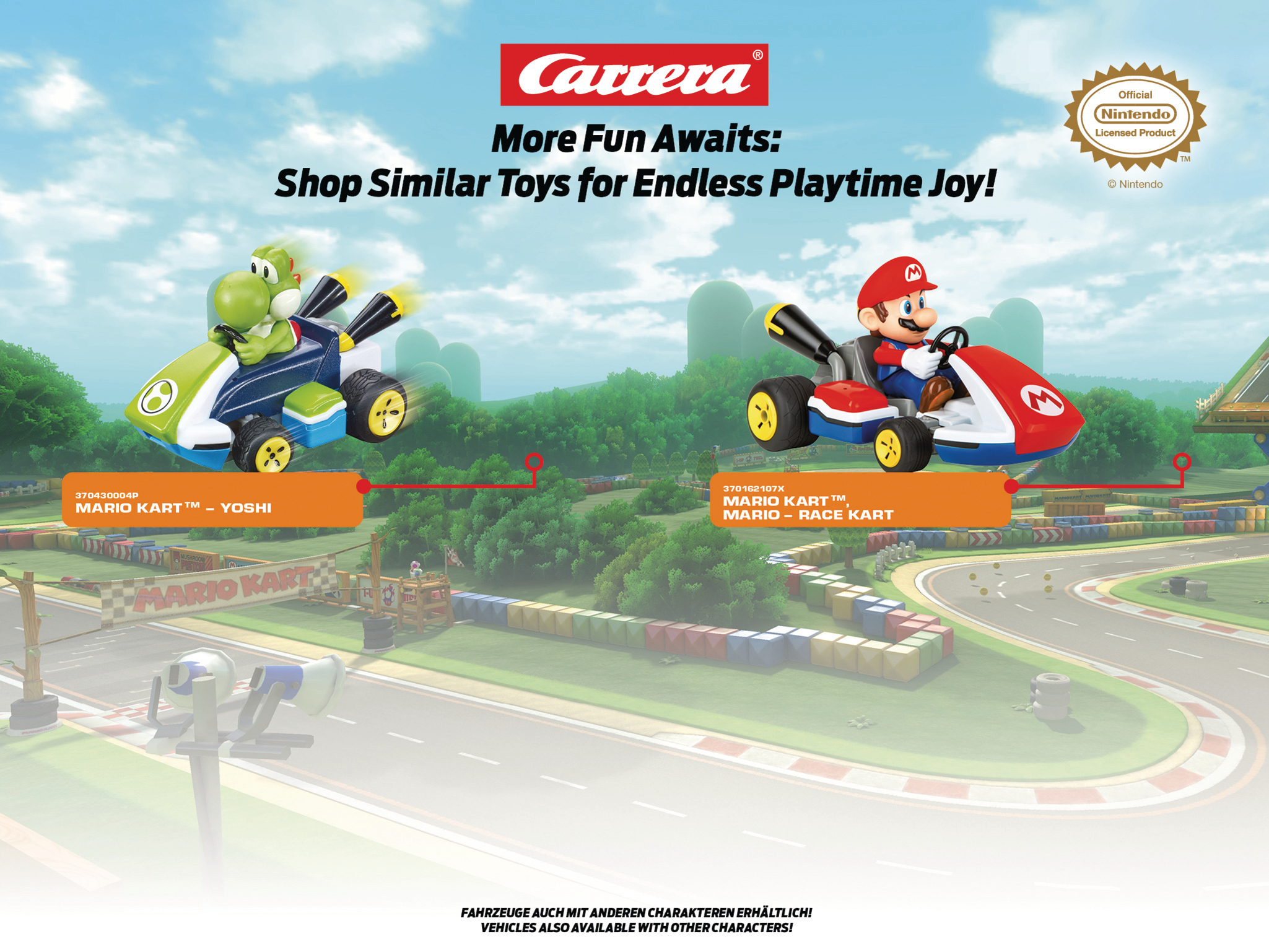 Das Bild zeigt Mario Kart-Spielzeuge. Yoshi in einem grünen Kart und Mario in einem roten Kart rasen auf einer Rennstrecke.
