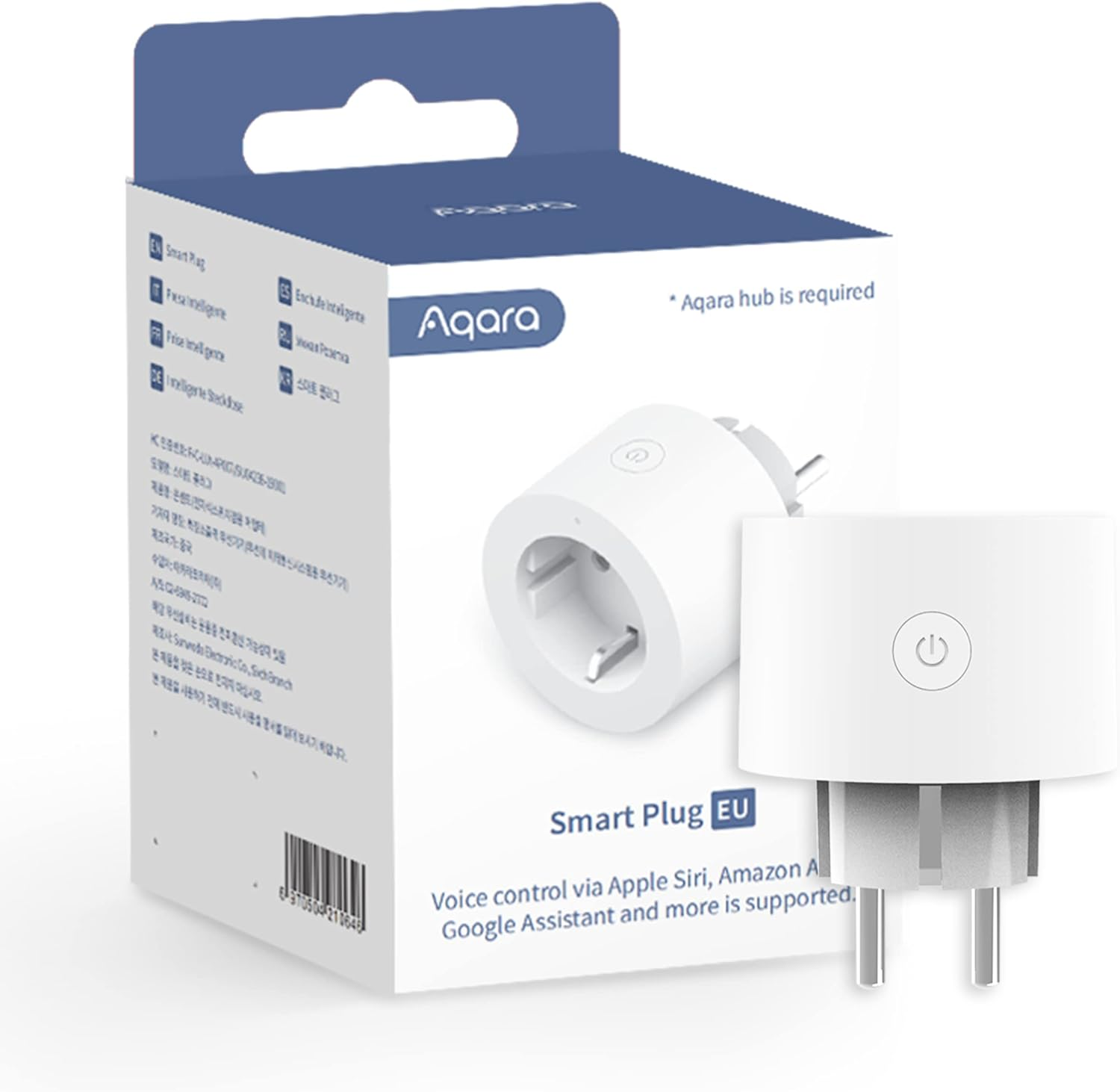 Egy fehér Aqara Smart Plug EU látható. A dobozán van, ami a termék részleteit és a márkanévét mutatja.