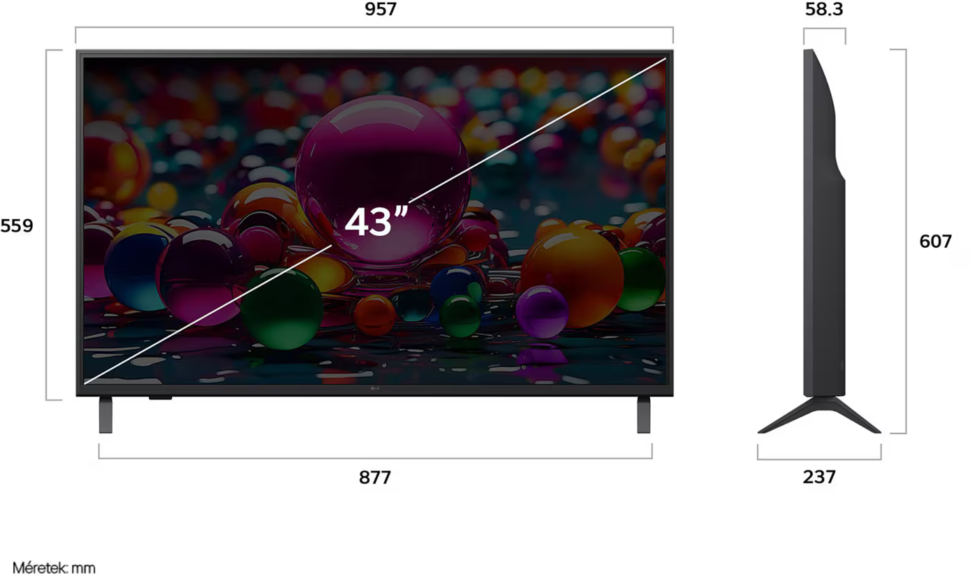 43 hüvelykes TV. A képernyő színes gömböket jelenít meg. Méretek: 957x559x58,3 mm. Állvány 237 mm széles, TV 607 mm magas. Fekete keret és állvány.