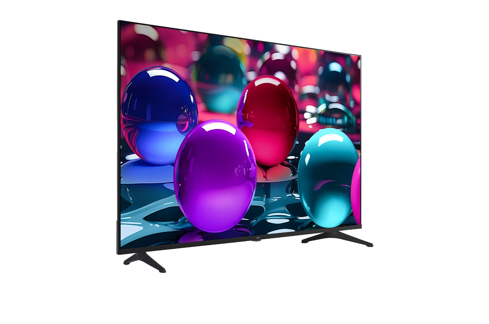 Egy TV színes, fényes gömböket jelenít meg: kék, lila, piros és türkiz. A TV fehér háttéren van, fekete lábak tartják.