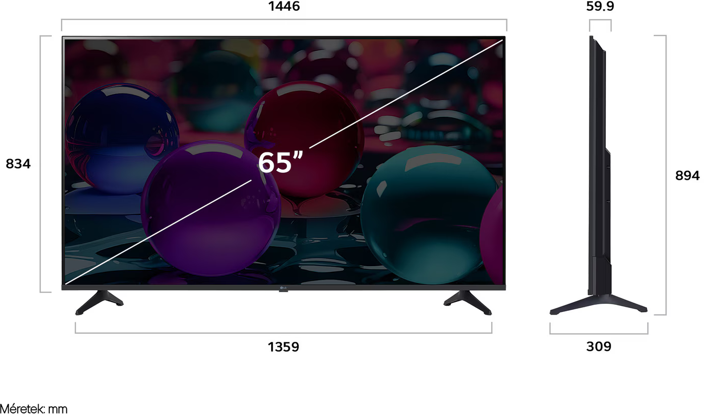 Egy 65 hüvelykes LG TV látható. A képernyő színes gömböket mutat. Méretek megadva, beleértve a magasságot és a szélességet mm-ben.