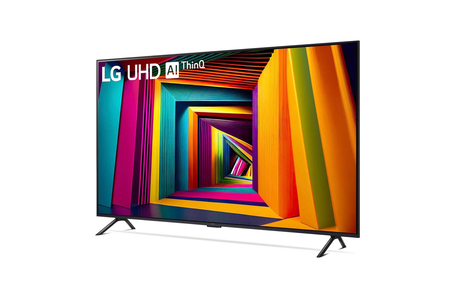 LG UHD AI ThinQ TV. A képernyő színes téglalapokból álló alagutat jelenít meg. Fekete keret, két lábbal.